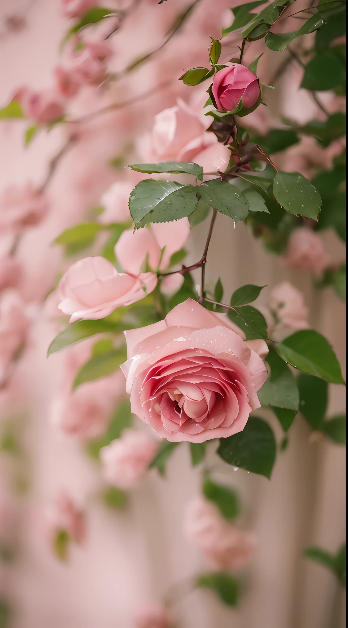A pink rose hangs from the branch,There are water droplets on it, shot with a canon 35mm lens, photo of a rose, taken with a pentax k1000, rose twining, shot on leica sl2, melanchonic rose soft light, Pink rose, shot in canon 50mm f/1.2