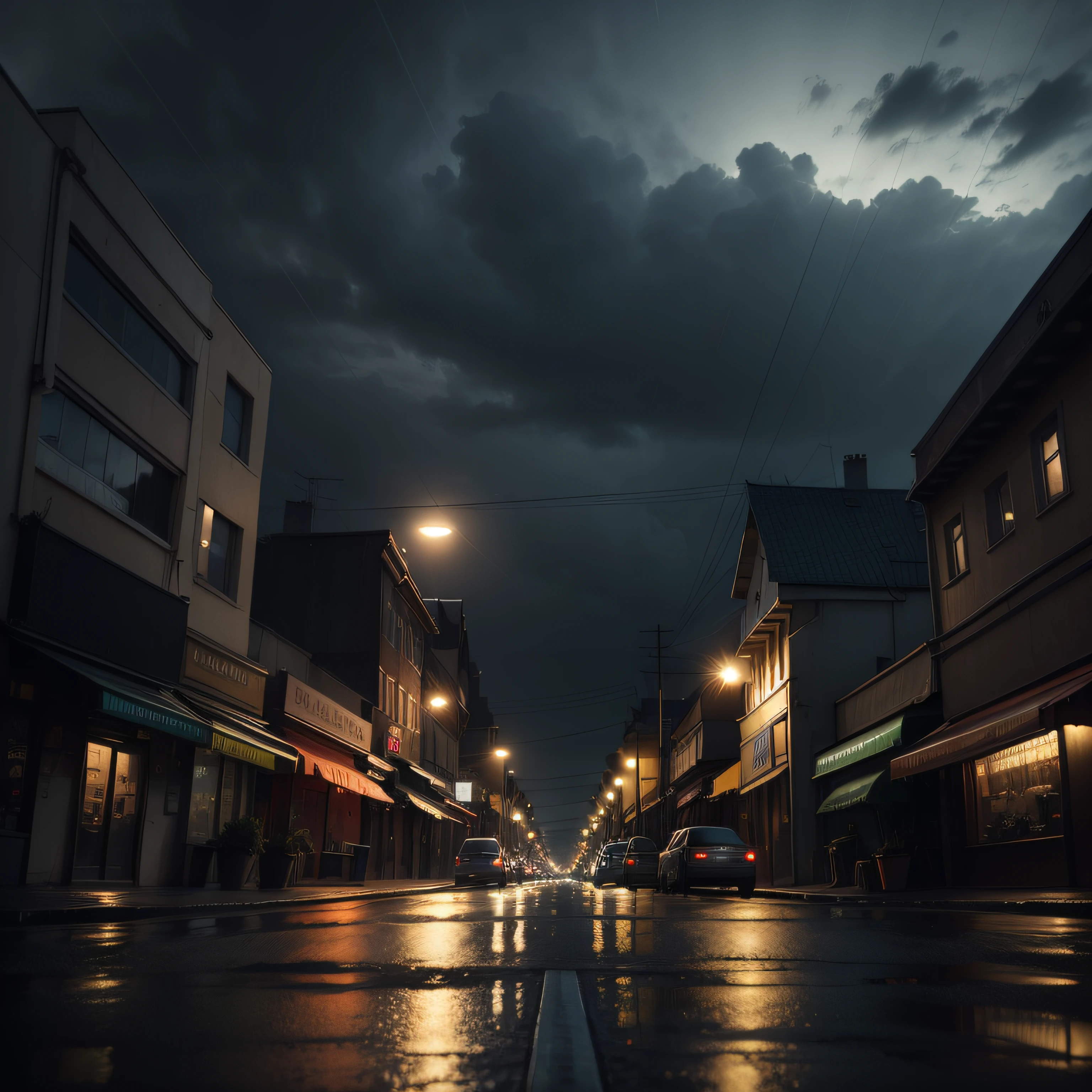 Night city light rain ultrarealistic reflections empty streets dark sky clouds