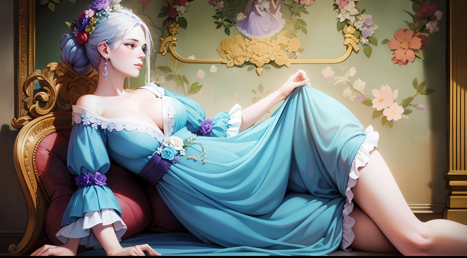 Rococo style, Painting of a woman in a blue dress with floral ornaments, Purple flowers, White hair,