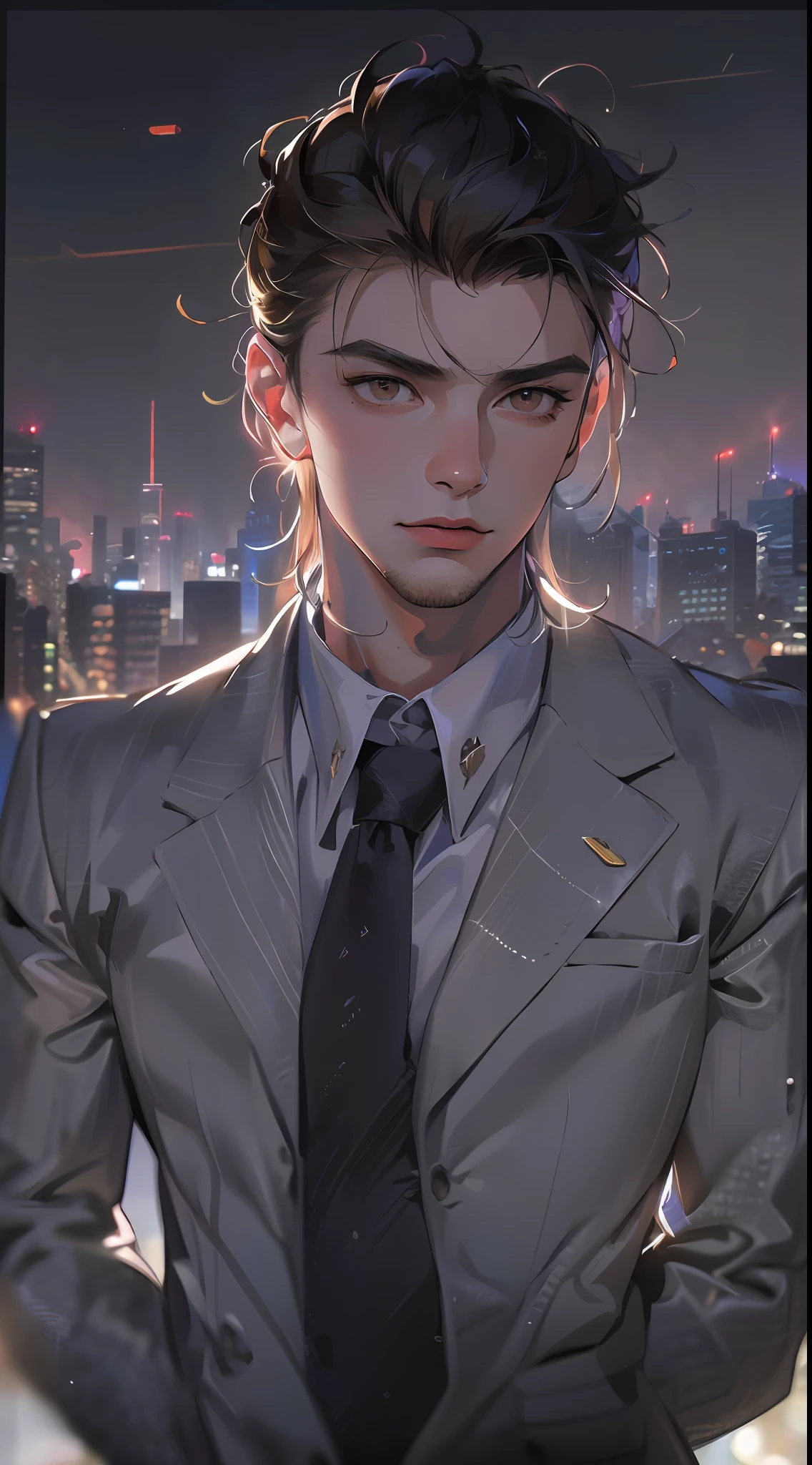 (absurdres, highres, ultra detailed, realistic, ), 1 male, solo, adult, mature, tall muscular guy, broad shoulders, handsome, very short hair, black hair, brown eyes, angular jaw, thick neck, thick eyebrows, night, dark, the night view of the city background, formal suit, necktie, upper body