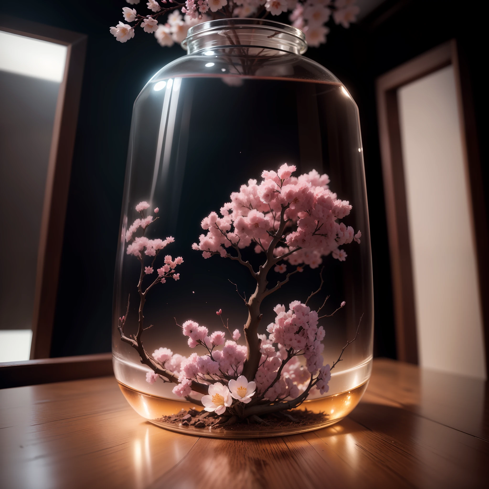 sakura tree in a bottle, fluffy, realistic, atmospheric light refraction, by lee jeffries nikon d850 film stock photograph 4 kodak portra 400 camera f1.6 lens rich colors hyper realistic lifelike texture dramatic lighting unreal engine trending on artstation cinestill 800, Style-Glass