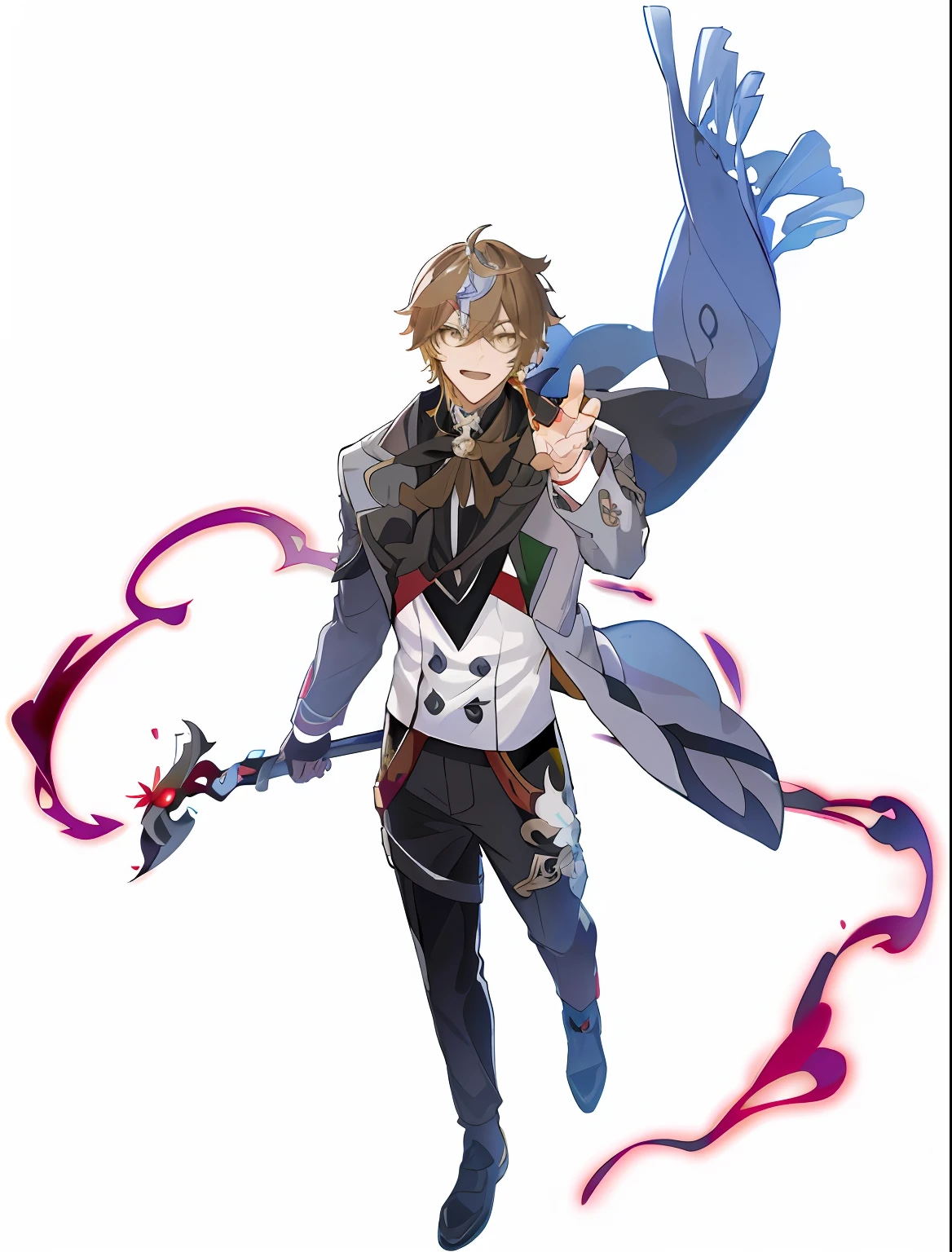 personagem de anime com uma espada e uma capa segurando um objeto vermelho, Keqing de Genshin Impact, Personagem Genshin Impact, arte oficial do personagem, personagem principal, Gatilho Estilo de Arte de Anime, ( ( arte conceitual do personagem ) ), single character full body, com o dedo indicador, estilo de impacto genshin, cara de anime alto com olhos azuis, Zhongli, Genshin Impact, loiro