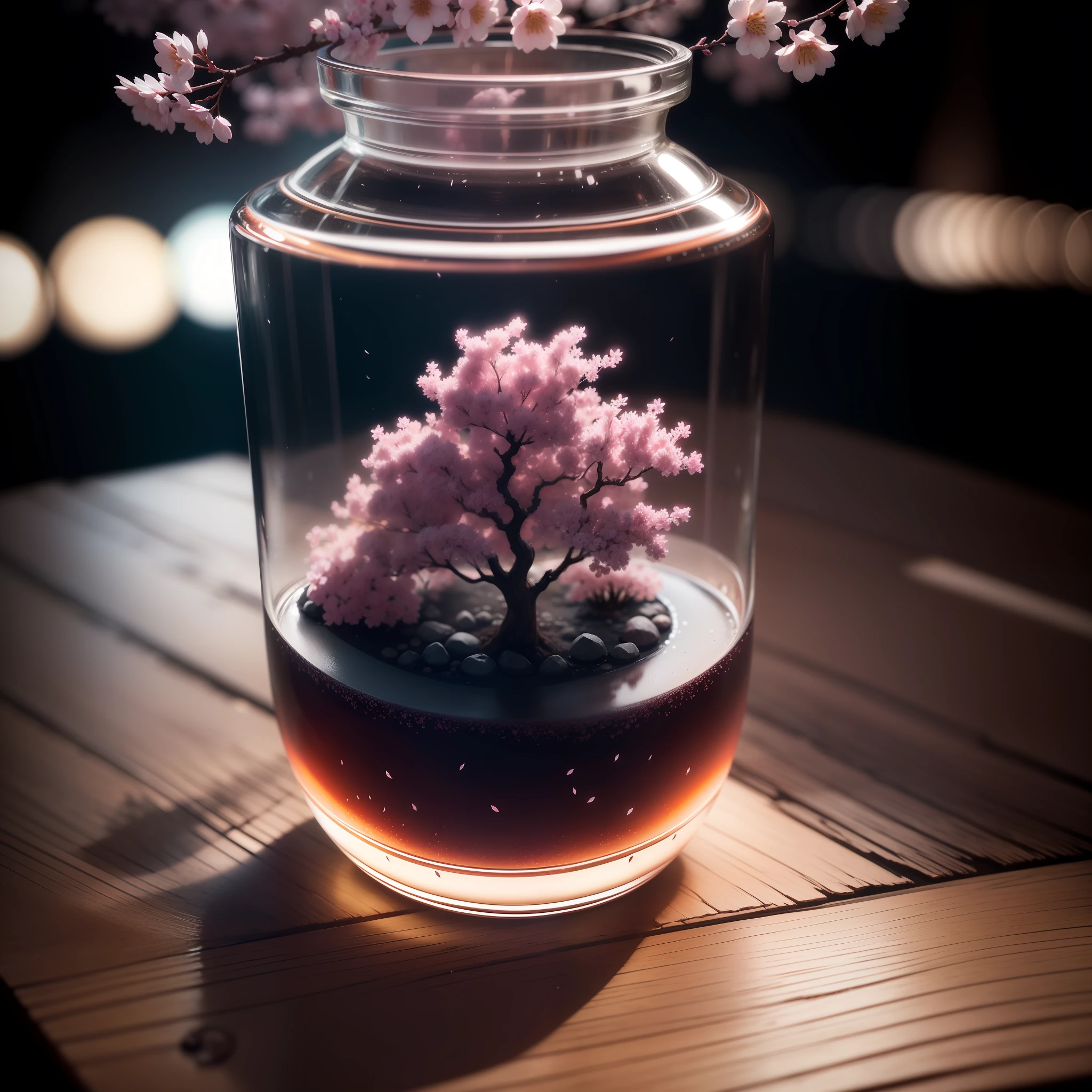 sakura tree in a bottle, fluffy, realistic, atmospheric light refraction, by lee jeffries nikon d850 film stock photograph 4 kodak portra 400 camera f1.6 lens rich colors hyper realistic lifelike texture dramatic lighting unreal engine trending on artstation cinestill 800, Style-Glass