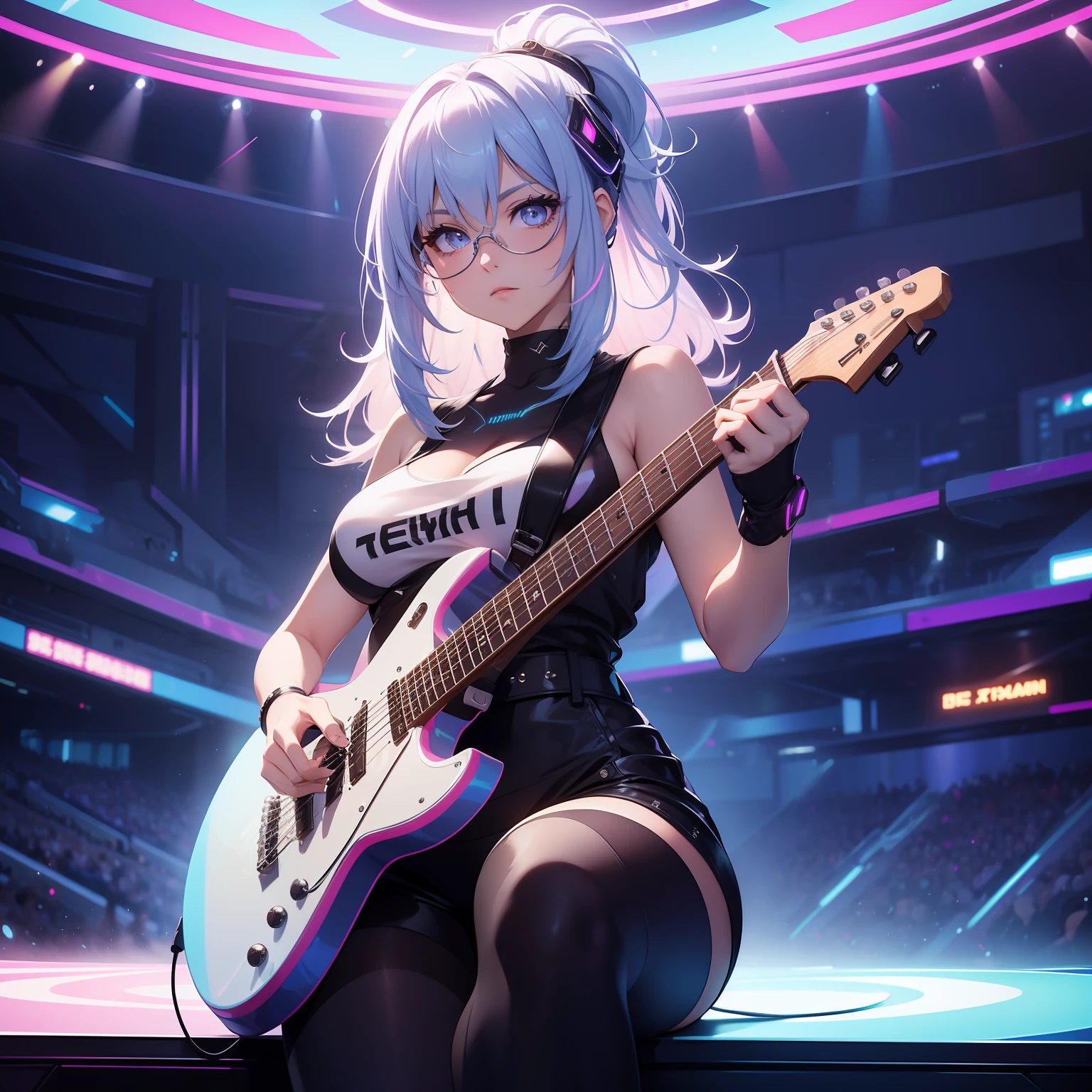 (masterpiece, best quality, ultra HD, 8k, wallpaper), cinematic view, full body view, front view, perfect body, perfect anatomy, curvaceous, alluring, perfect hands, perfect eyes, detailed eyes, large breasts, long round legs, round ass, a talented female guitarist sits gracefully on a futuristic stool, surrounded by the mesmerizing glow of holographic soundwaves, she exudes confidence and passion, perfectly immersed in her music, wears an edgy yet elegant ensemble, specifically designed for both style and practicality during her performance, she wears a form-fitting, holographic white tank top that shimmers and shifts colors with each movement, her fitted white skirts that slighly shows her panty, she wears ankle-high combat boots with neon soles that emit a faint glow, enhancing the overall cyberpunk vibe, the guitarist's hair is styled in a modern asymmetric cut, with vibrant streaks of neon colors, as she plays, her hair flows gracefully, and she wears a pair of sleek augmented reality glasses that project holographic notes and effects into her field of vision, her guitar is an advanced, futuristic electric guitar with sleek lines and holographic accents, it glows with a soft neon light, and the fretboard features intricate circuit-like patterns, matching her shorts, the guitarist sits confidently on the stool, her posture relaxed yet focused, she gracefully holds the guitar close to her body, her fingers effortlessly gliding across the strings, creating captivating melodies that fill the air with enchanting harmonies, the background depicts a bustling cyberpunk cityscape with towering skyscrapers adorned with neon lights and holographic billboards