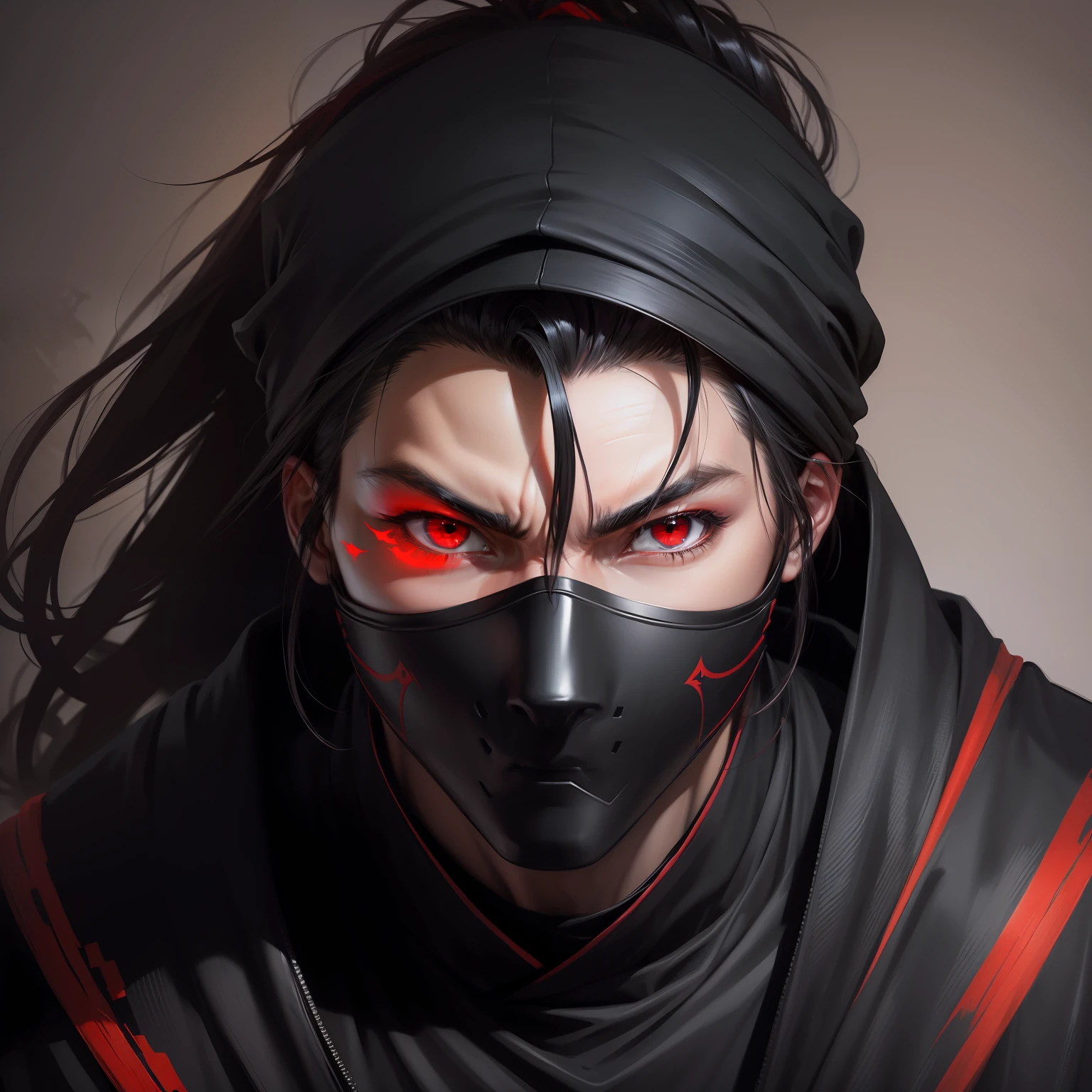 a man Ninja portrait, red eyes, Black clothes, shadows, (Masterpiece), ((Best quality))