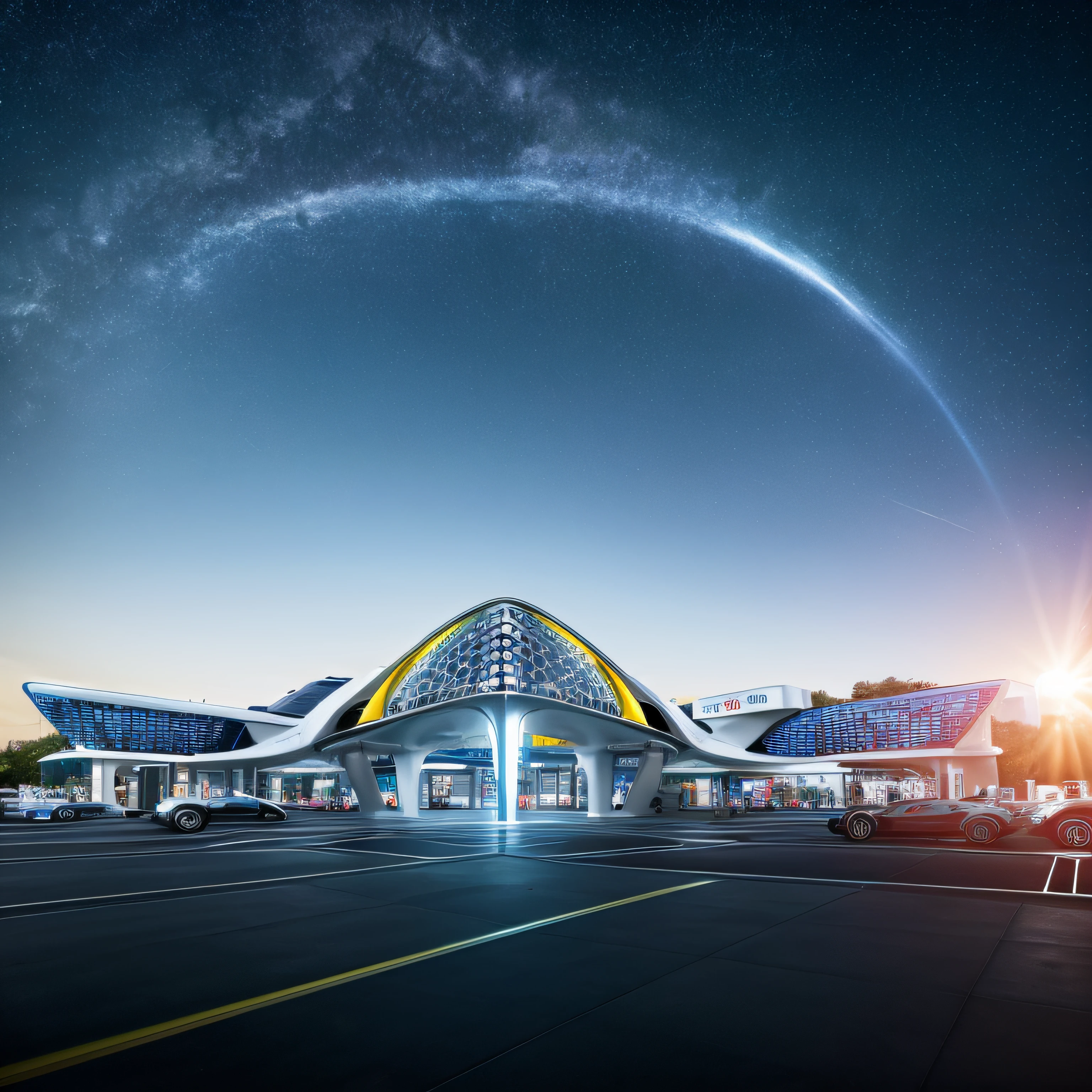 ((Masterpiece, Best quality)), 8K,gasstation,Canopy,pillar, modern architectural style, The color is bright,Space elements,epcot,photographrealistic, hyperedetailed photo, Clean skies, Lots of cars,lots of people,The atmosphere is lively,城市, cyber punk perssonage