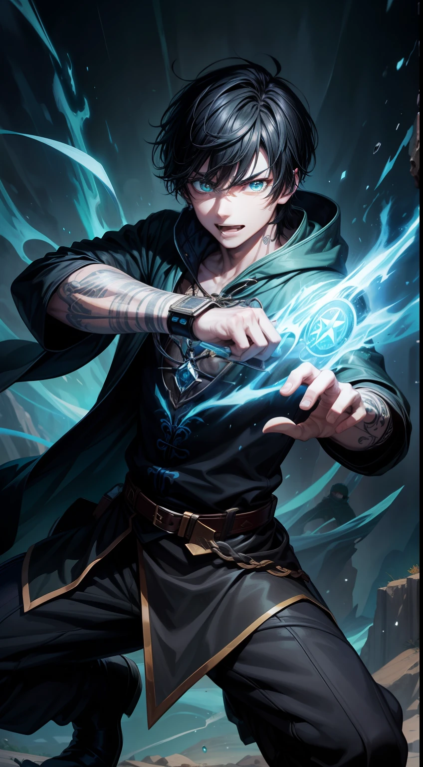 Young guy, short black hair, Cyan eyes, The Dark Wizard's Uncovered Mantle, green fire, Tatoo, Runes, combat stance, Crazy laughter, Masterpiece, hiquality