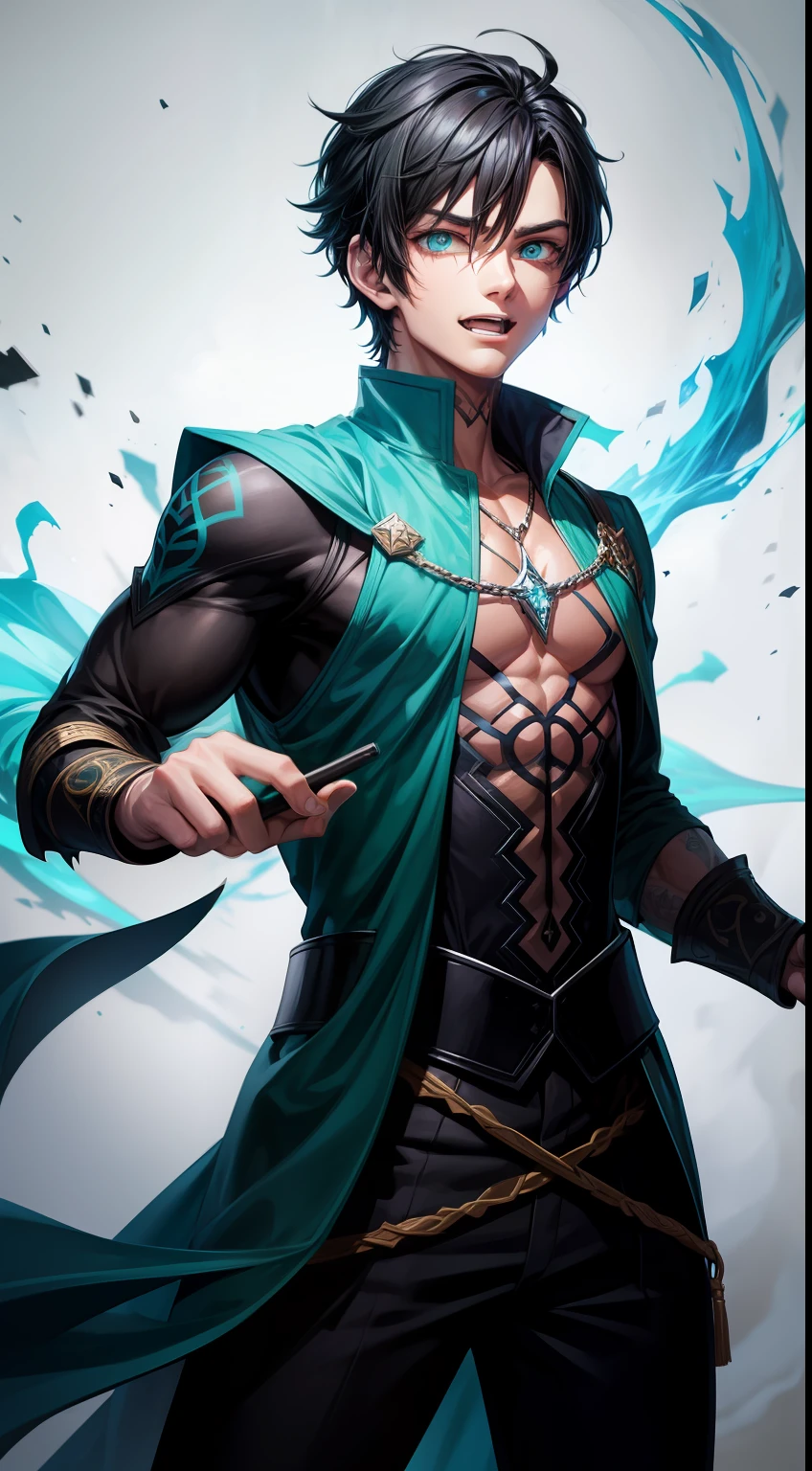 Young guy, short black hair, Cyan eyes, The Dark Wizard's Uncovered Mantle, green fire, Tatoo, Runes, combat stance, Crazy laughter, Masterpiece, hiquality