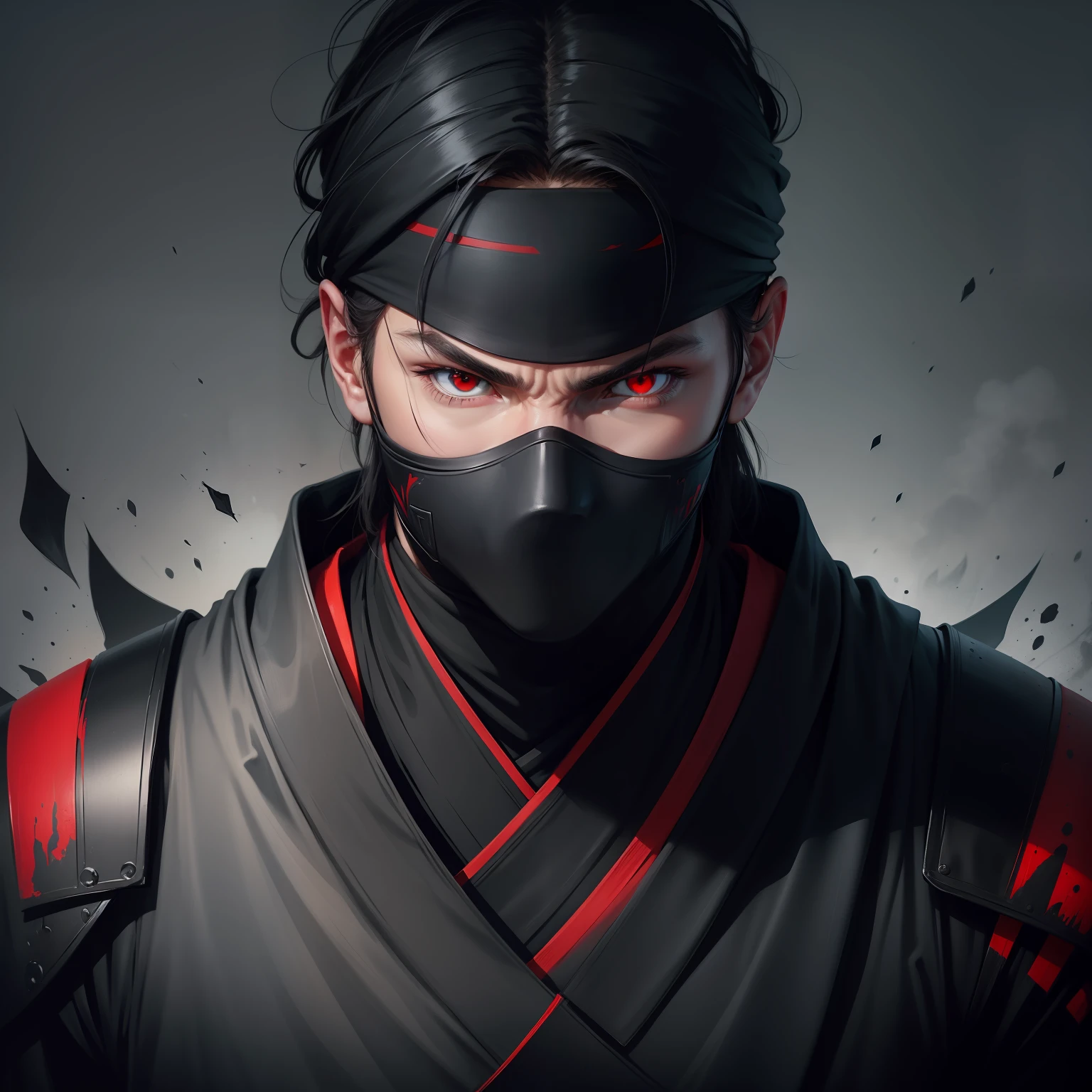 a man Ninja portrait, red eyes, Black clothes, shadows, (Masterpiece), ((Best quality))