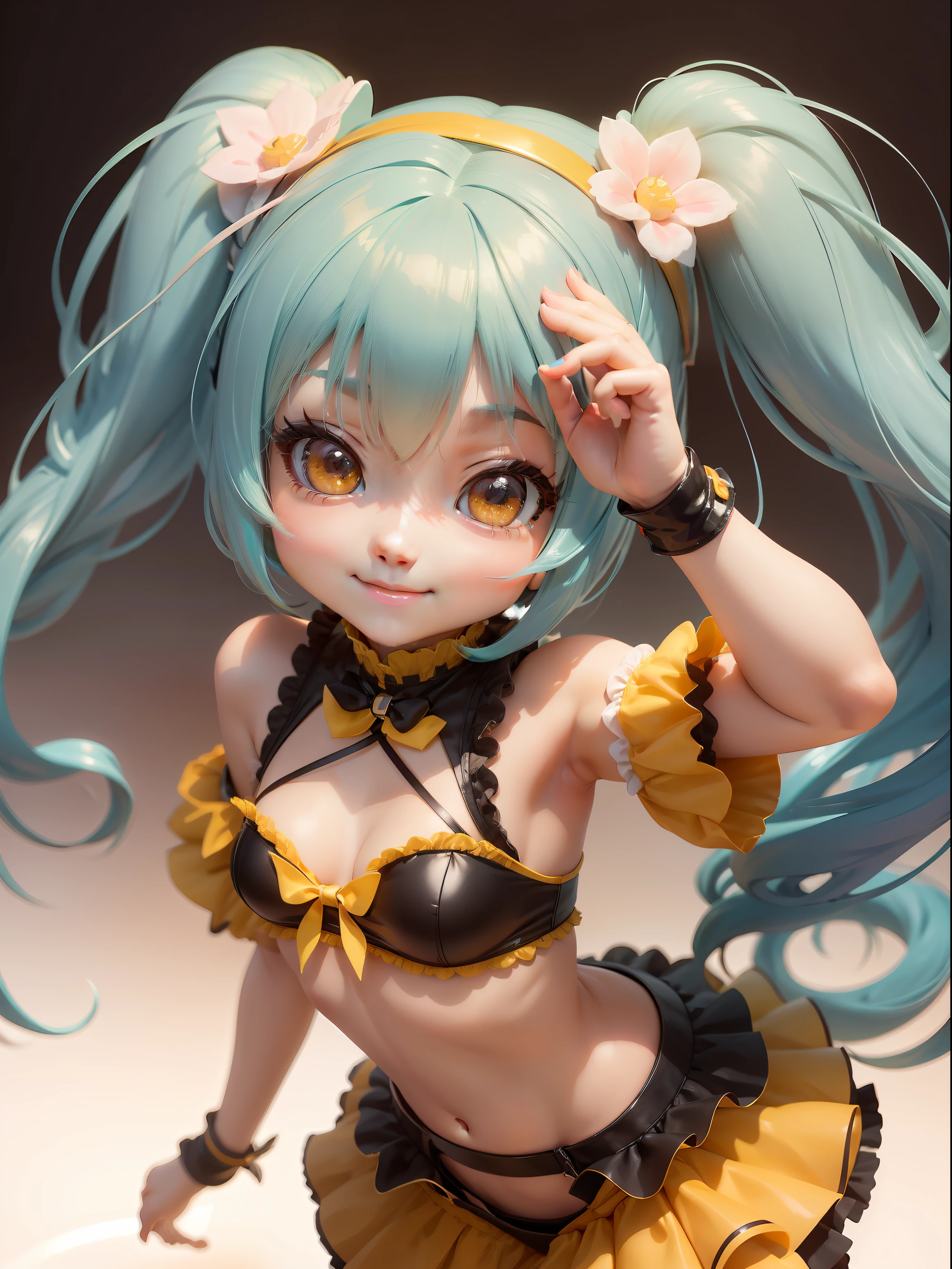 1girl in、nendoroid、Composition that enters the whole body、A little low angle、miku hatsune、Cute smile、Cute costumes、dynamic movements、Detailed and beautiful face、Gradient of red and yellow background、