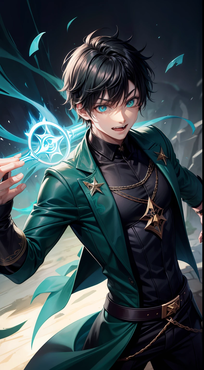 Young guy, short black hair, Cyan eyes, The Dark Wizard's Uncovered Mantle, green fire, Tatoo, Runes, combat stance, Crazy laughter, Masterpiece, hiquality