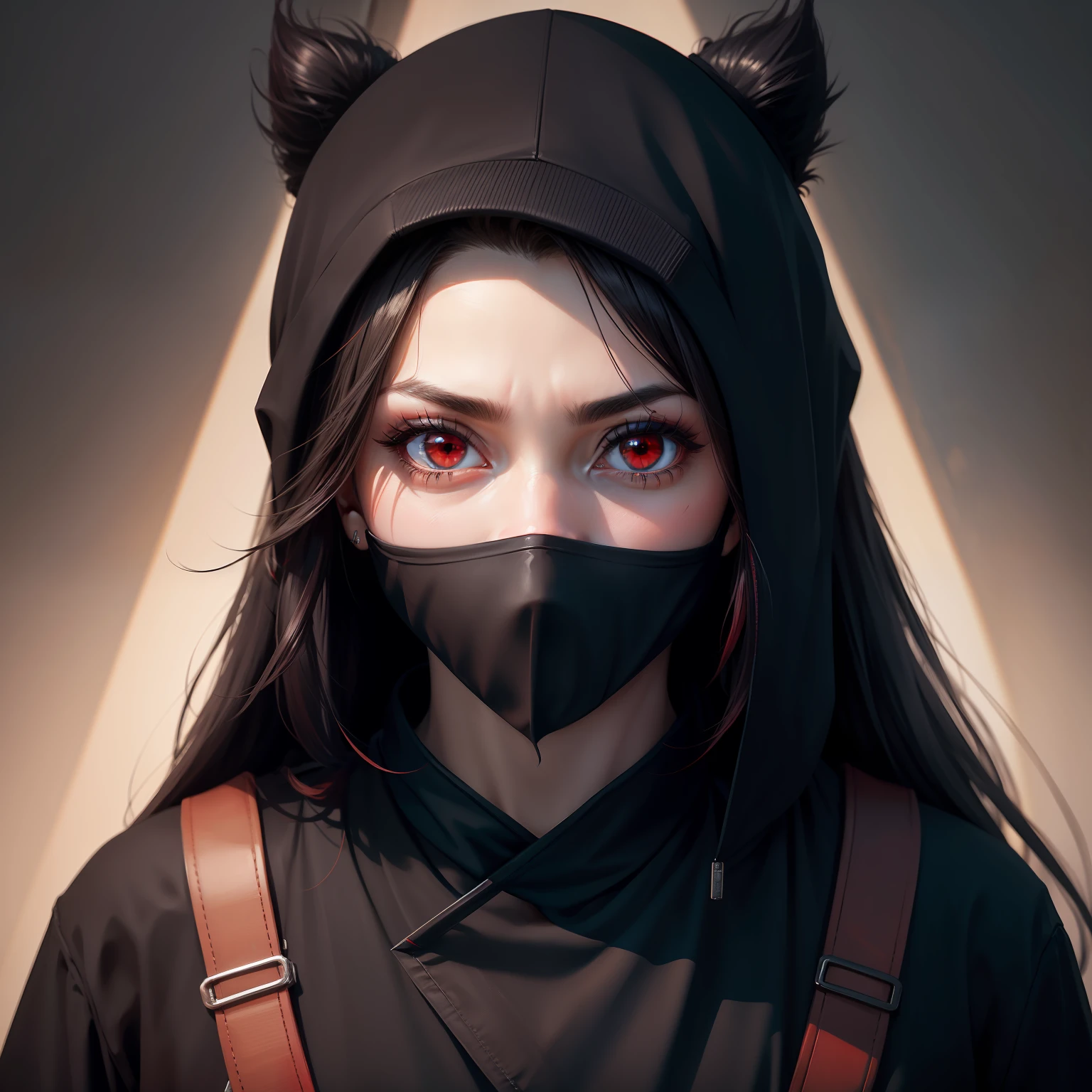 Ninja portrait, red eyes, Black clothes, (Masterpiece), ((Best quality))