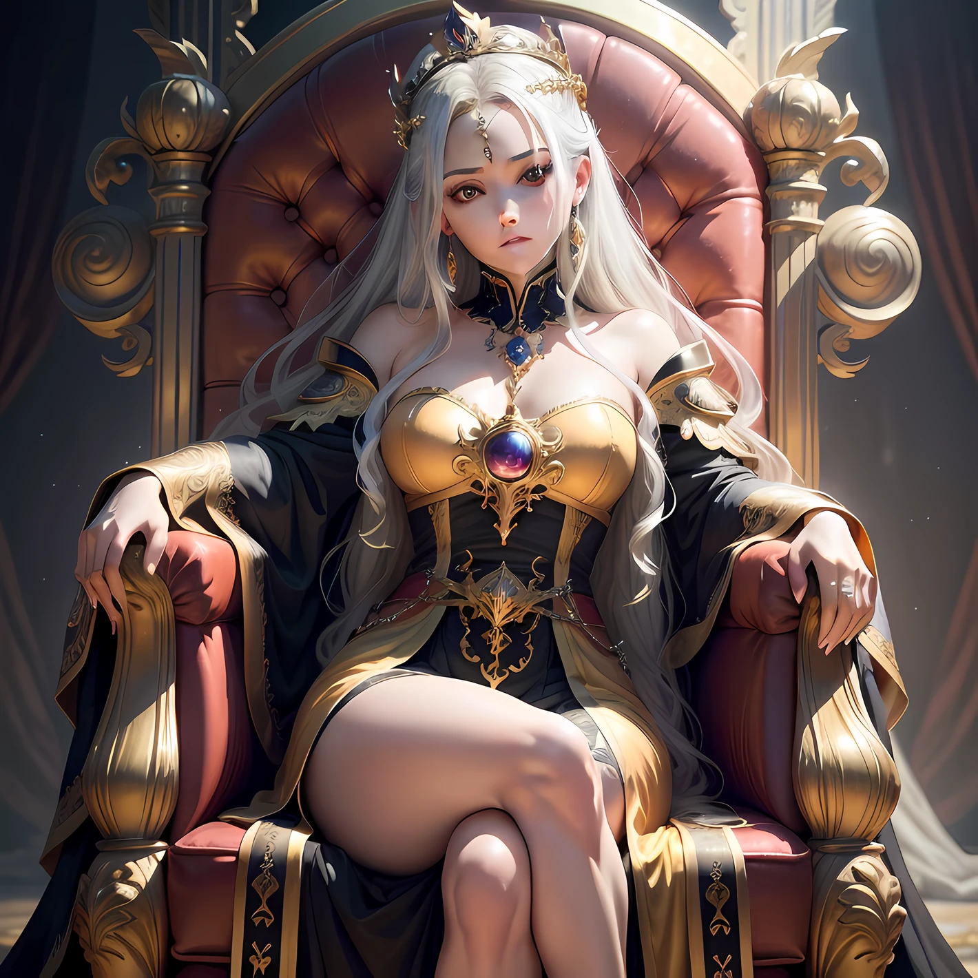 a woman sitting on a throne with a crown on her head, sitting in a gilded throne, an ornate dress that has intricate designs along the bodice and skirt, confidence and strength, her eyes looking directly ahead at the viewer, black, white, grey and gold colors, the background appears to be dark blue or purple in color while the foreground elements are highlighted by shades of yellow-orange from the light source coming from above left side of the frame. epic light novel art cover, sitting on her throne, ((a beautiful fantasy empress)), on her throne, epic light novel cover art, sitting on intricate throne, light novel cover art, sitting on an ornate throne, sitting on a throne, a beautiful fantasy empress, perfect highlights, vibrant colors, (finely detailed beautiful eyes: 1.2), hdr, (off angle), ((analog style)), (photorealistic:1.4), elegant goddess, stunningly beautiful, Sexy clothing, highly detailed