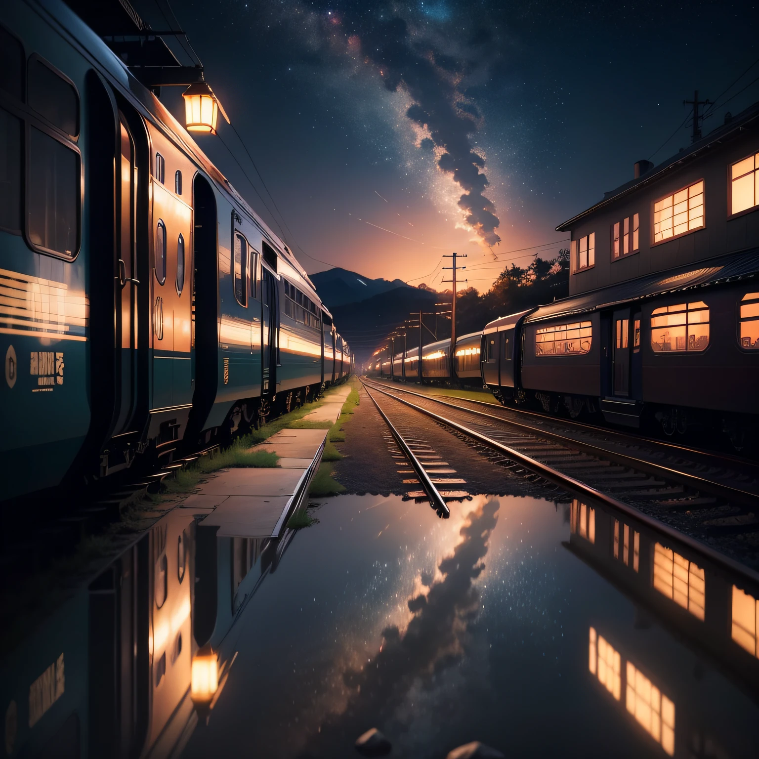 High quality masterpiece, landscape, anime train passing through bodies of water on tracks, bright starry sky. Romantic train, pixiv, concept art, lofi art style, reflection. by Makoto Shinkai, lofi art, Beautiful anime scene, Anime landscape, detailed scenery —width 672, in style of Makoto shinkai, style of Makoto shinkai, enhanced details.