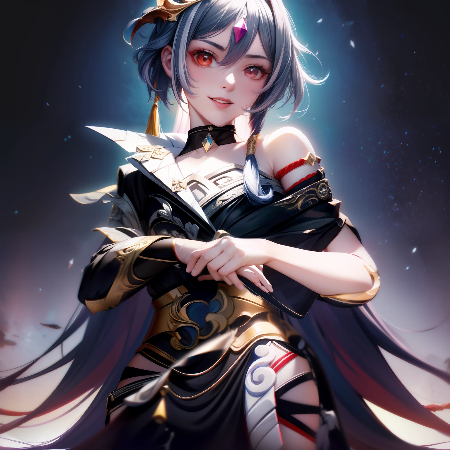 Best quality, Masterpiece, Ultra-detailed, Beautiful, A high resolution, Original,photorealestic,realisticlying, absurderes, Felt, 1girll, Solo, Long_Hair, Looking_at_peeping at the viewer, Smile,A bit obsessive-compulsive, bangs, Nero_Hair, Hair_decorations, Red_Eyes, Hair_between_Eyes, Chinese_clothes, uneven_Sleeves, :D, Simple background, White background, mitts, asymmetrical_Sleeves, Fingerless gloves, High quality, full body detailing, Golden ratio, RAW photo (Short straight black hair) (pale 20-year-old woman, short,head straight-looking at viewer, full bodyesbian, Perfect face, Amazing eyes, Vivid details, (skin with many details), (Dark), aurora, (Backlight: 0.5), Depth of field, Canon 5D, 50mm lens, f/4 aperture, (Super detail), Sharp focus, pastelcolor, 8K, consciousness, 8mm film food, War photography
