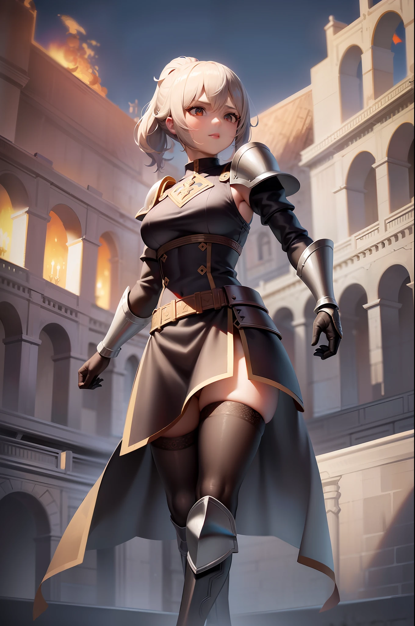 medium breasts, (detailed hair), (masterpiece), (best quality), (ultra-detailed), (upper body), 1girl, sharp focus, background: castle, background: fire, detailed face, (intricate details), (depth of field), daytime, Anna_Fire_Emblem, full body, ponytail, medieval armor, fierce expression