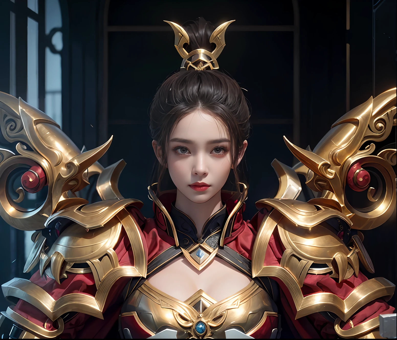 Close-up of a woman in a dragon head costume, hyper-detailed fantasy character, inspired by Ju Lian, inspired by Li Mei-shu, Inspired by Lan Ying, inspired by Park Hua, 3 D rendering character art 8 K, inspired by Wu Bin, a beautiful fantasy empress, inspired by Wang Meng, inspired by Wu Li, xianxia hero，Gold armor，metallic  luster，Ambient light，Contour light，unreal-engine，Realistic skin texture，Realistic metal texture，metallic reflective，Reflected halo，Gold armor，Red leather，Red cape，Red cloth，Old metal texture，Metal scratch，Metal ambiguity，The light source is on the front