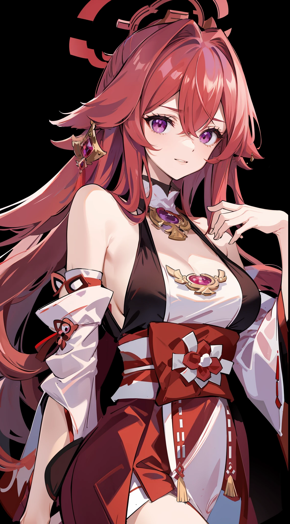 tmasterpiece,Need,1girll,Portrait close-up,独奏,Be red in the face,cropped shoulders,(cleavage 1.4),Raised sexy,Overlooking,Large breasts,Yae Miko,Pink Long Hair,red headgear,Hair above one eye,Purple eye,耳Nipple Ring,perfect bodies,with black background