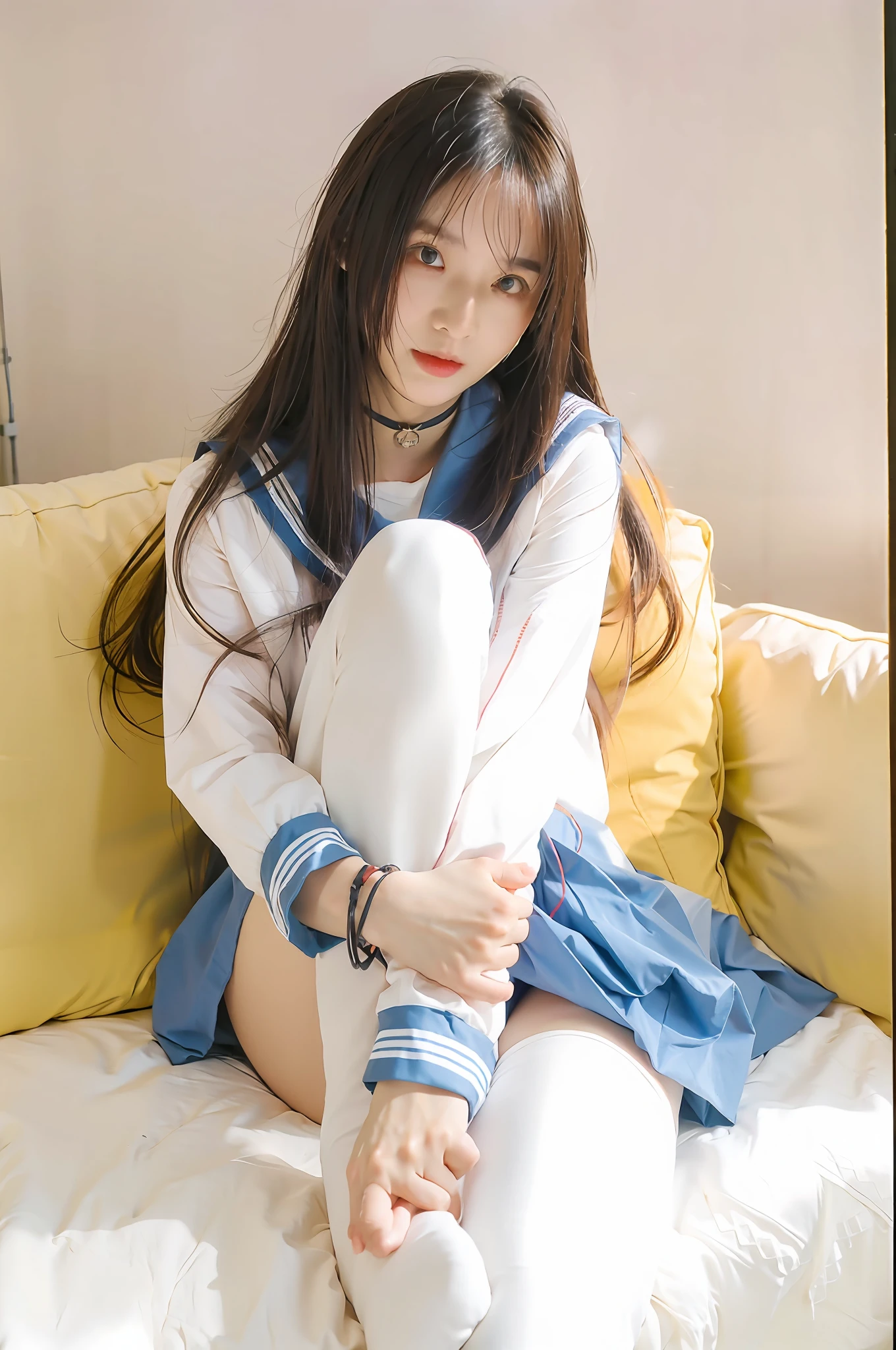 Correct eye structure, finely quality eyes, Pupil correction, Exactly the best quality,tmasterpiece,超高分辨率,(realisticlying:1.4),s girl,Juvenile, White over-the-knee stockings,Pink JK set, Sailor collar