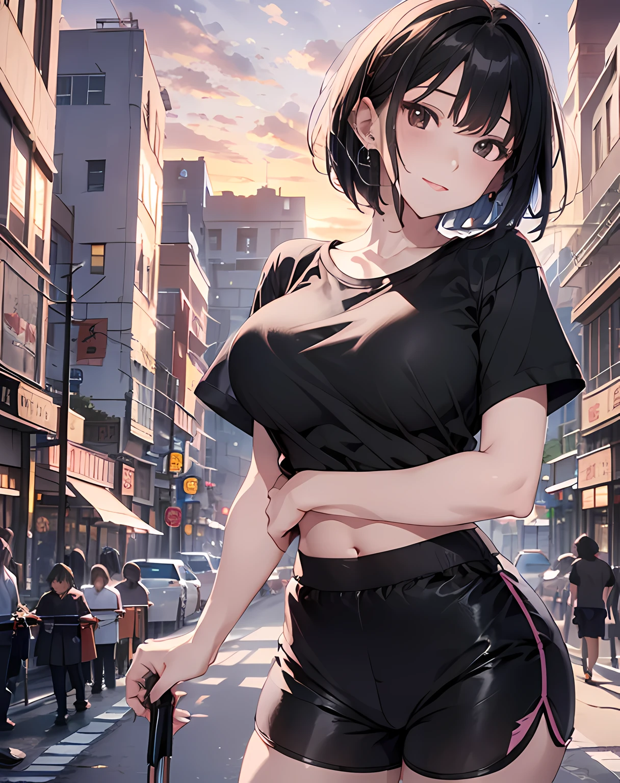 (((face close-up image:1.5, from below, POV, crossed arms on stomach, holding own breasts, grabbing own breast))), (masterpiece, best quality:1.37), highres, ultra-detailed, ultra-sharp, BREAK, Korean school idol, (((1girl:1.37, solo))), (beautiful anime face, cute face, detailed face), (black hair:1.3, thin hair:1.3, (((extremely short hair:1.3))), bob-cut hair style:1.3), detailed beautiful cyan eyes, BREAK, ((detailed black T-shirt:1.5, shorts:1.5)), BREAK, lovely look, earing, detailed clothes), huge-breast:1.37, curby, light smile, closed mouth, parted lips, pink lipstick, BREAK, ((looking straight at you, cowboy shot)), detailed human hands, HDTV:1.2, ((detailed sunset Egypt downtown street venue background:1.3)), 8 life size, slender:1.15, anime style, anime style school girl, perfect anatomy, perfect proportion, inspiration from Kyoto animation and A-1 picture, late evening, excellent lighting, bright colors, clean lines, photorealistic