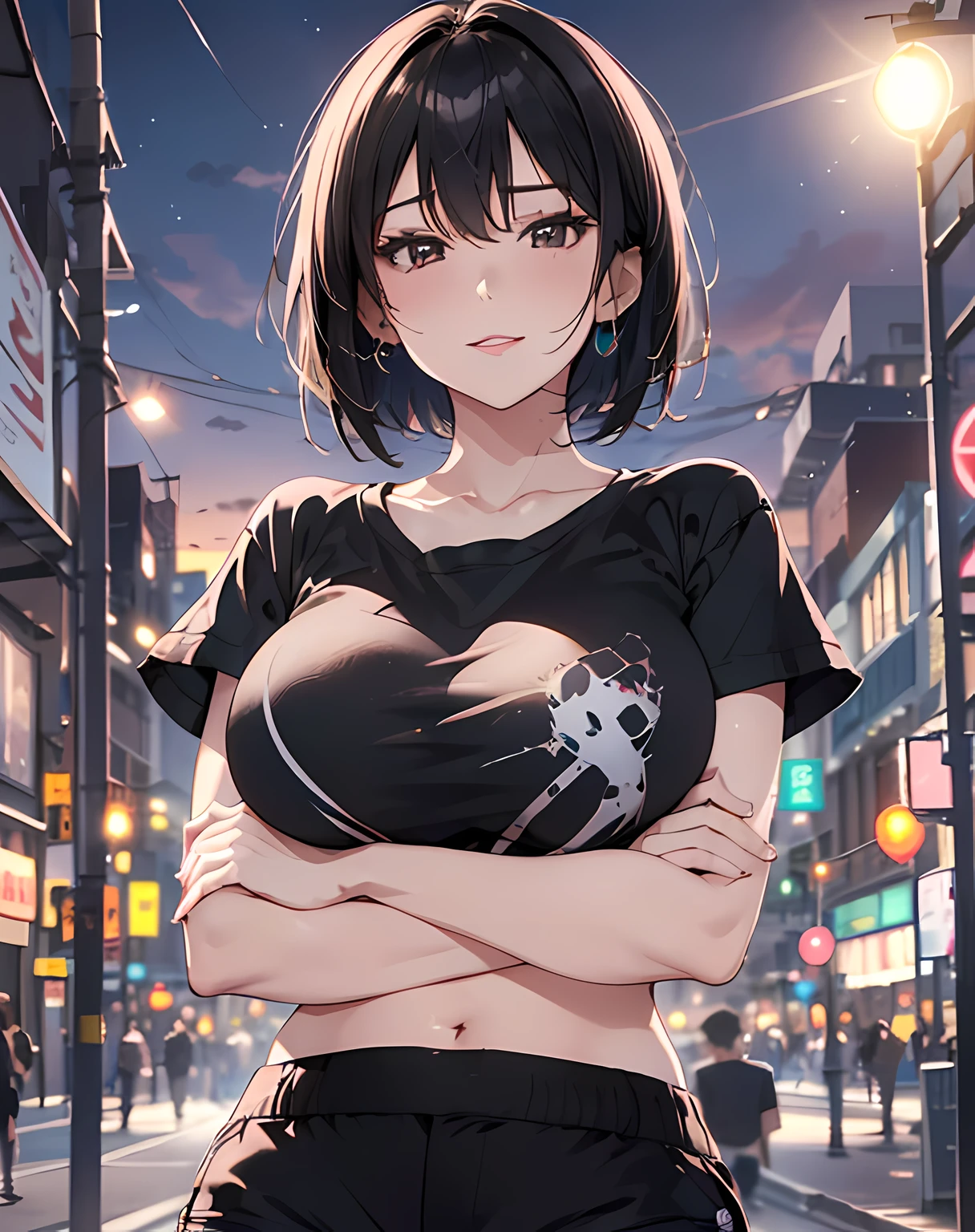 (((face close-up image:1.5, from below, POV, crossed arms on stomach, holding own breasts, grabbing own breast))), (masterpiece, best quality:1.37), highres, ultra-detailed, ultra-sharp, BREAK, Korean school idol, (((1girl:1.37, solo))), (beautiful anime face, cute face, detailed face), (black hair:1.3, thin hair:1.3, (((extremely short hair:1.3))), bob-cut hair style:1.3), detailed beautiful cyan eyes, BREAK, ((detailed black T-shirt:1.5, shorts:1.5)), BREAK, lovely look, earing, detailed clothes), huge-breast:1.37, curby, light smile, closed mouth, parted lips, pink lipstick, BREAK, ((looking straight at you, cowboy shot)), detailed human hands, HDTV:1.2, ((detailed sunset Egypt downtown street venue background:1.3)), 8 life size, slender:1.15, anime style, anime style school girl, perfect anatomy, perfect proportion, inspiration from Kyoto animation and A-1 picture, late evening, excellent lighting, bright colors, clean lines, photorealistic