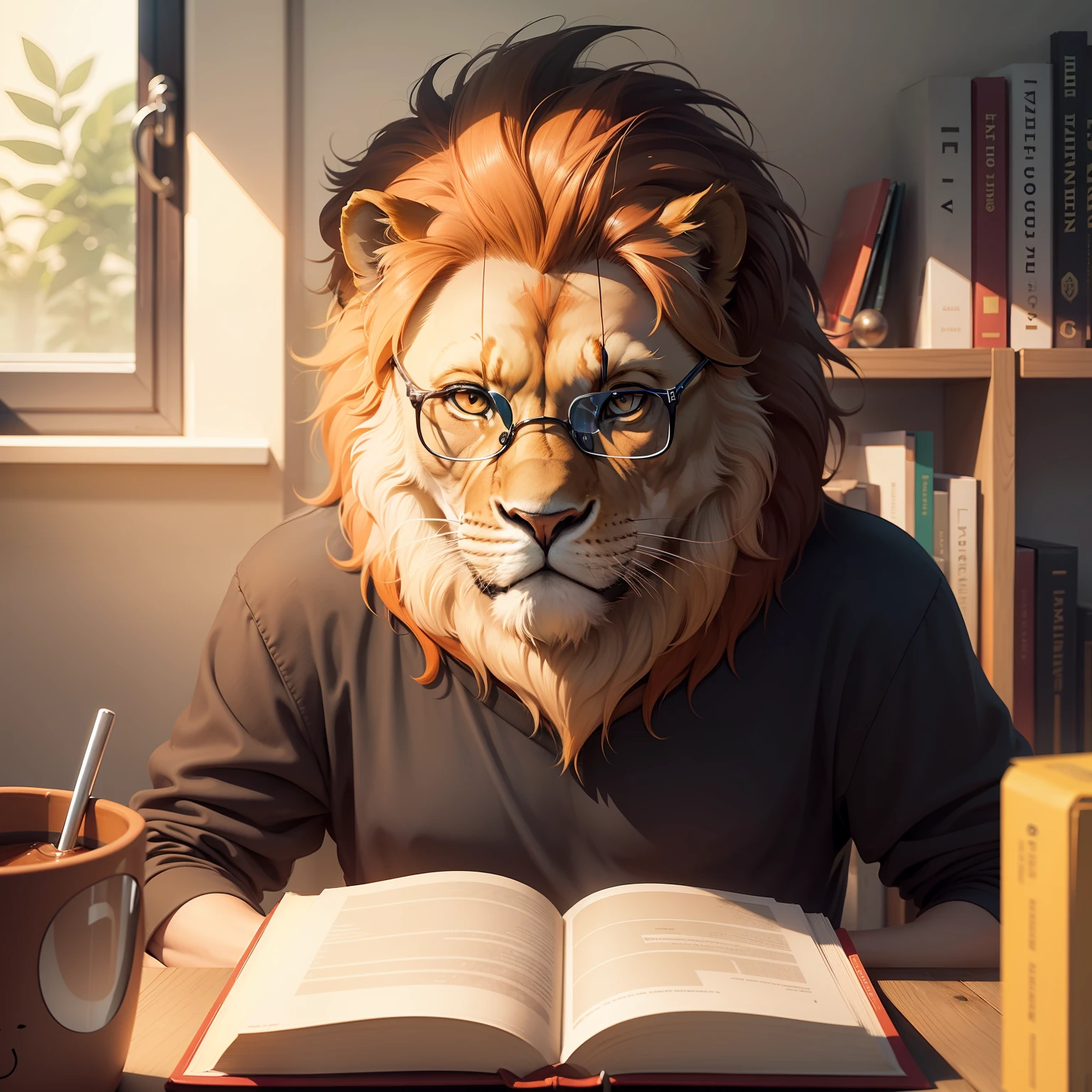 minimalist orange lion logo with glasses and a book in front of his face, como se ele estivesse lendo um livro