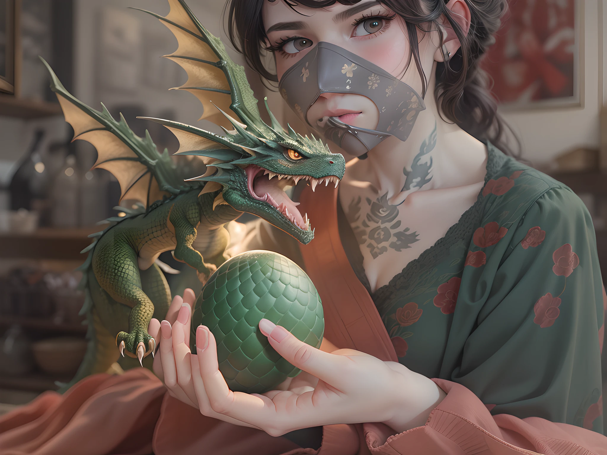 1 girl holds a dragon egg in her hands, The dragon is hatching.