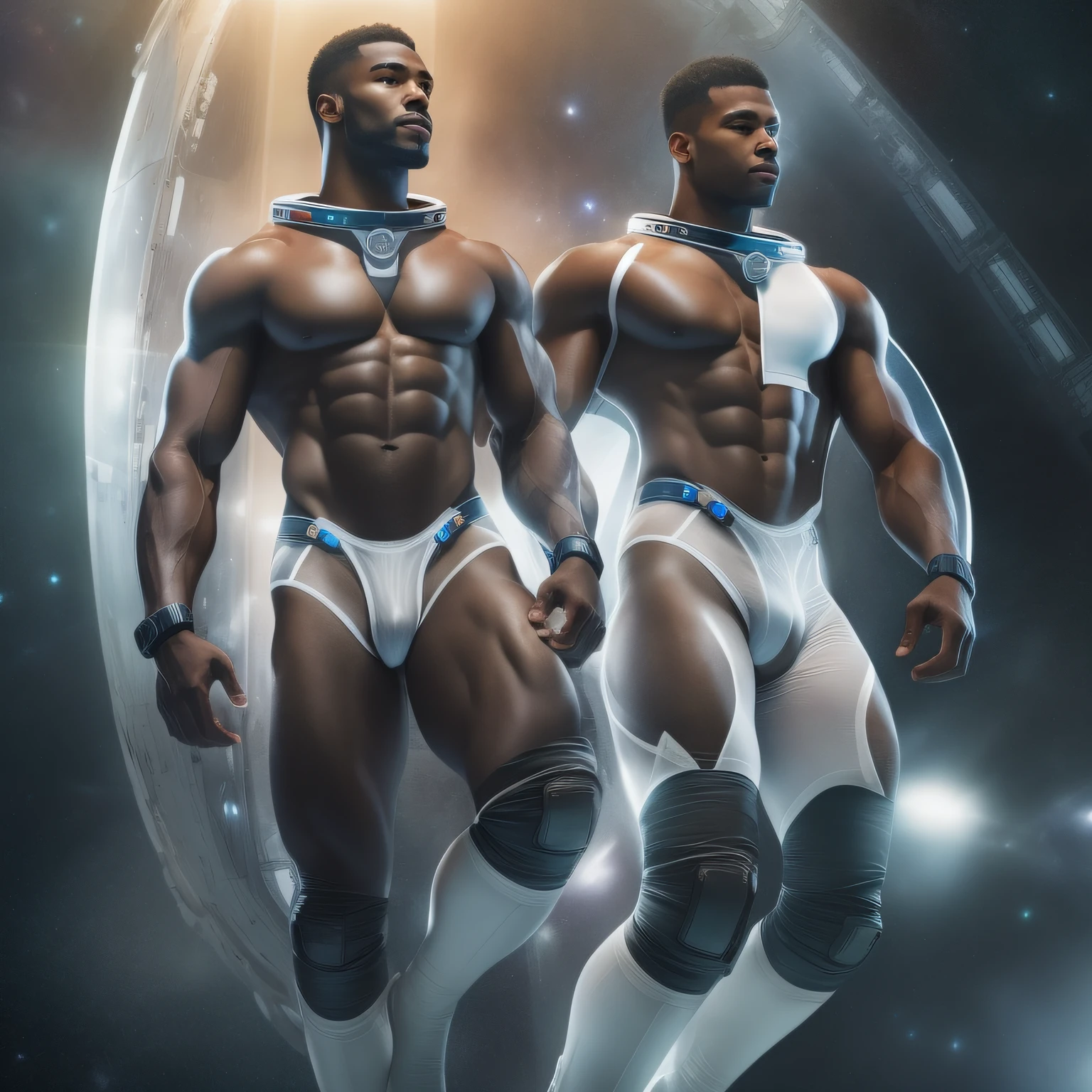 Two realistic handsome naked muscular athletic black men, wearing a revealing transparent black and white uniform and jockstrap, as a future astronaut space captain in a spaceship, dynamic pose, full body image, dynamic pose, seen from a low angle