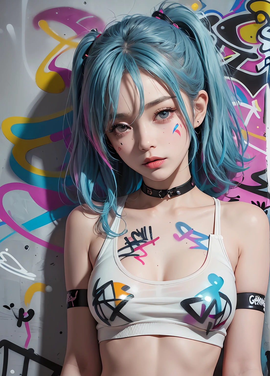 masterpiece, best quality, 1girl, solo, (nude), (transparent shirt), crop top, sexy skirt, choker, (graffiti:1.5), paint splatter, arms behind back, against wall, looking at viewer, armband, thigh strap, paint on body, head tilt, bored, multicolored hair, aqua eyes, headset, bare breasts, nsfw, expised breasts, offshoudler