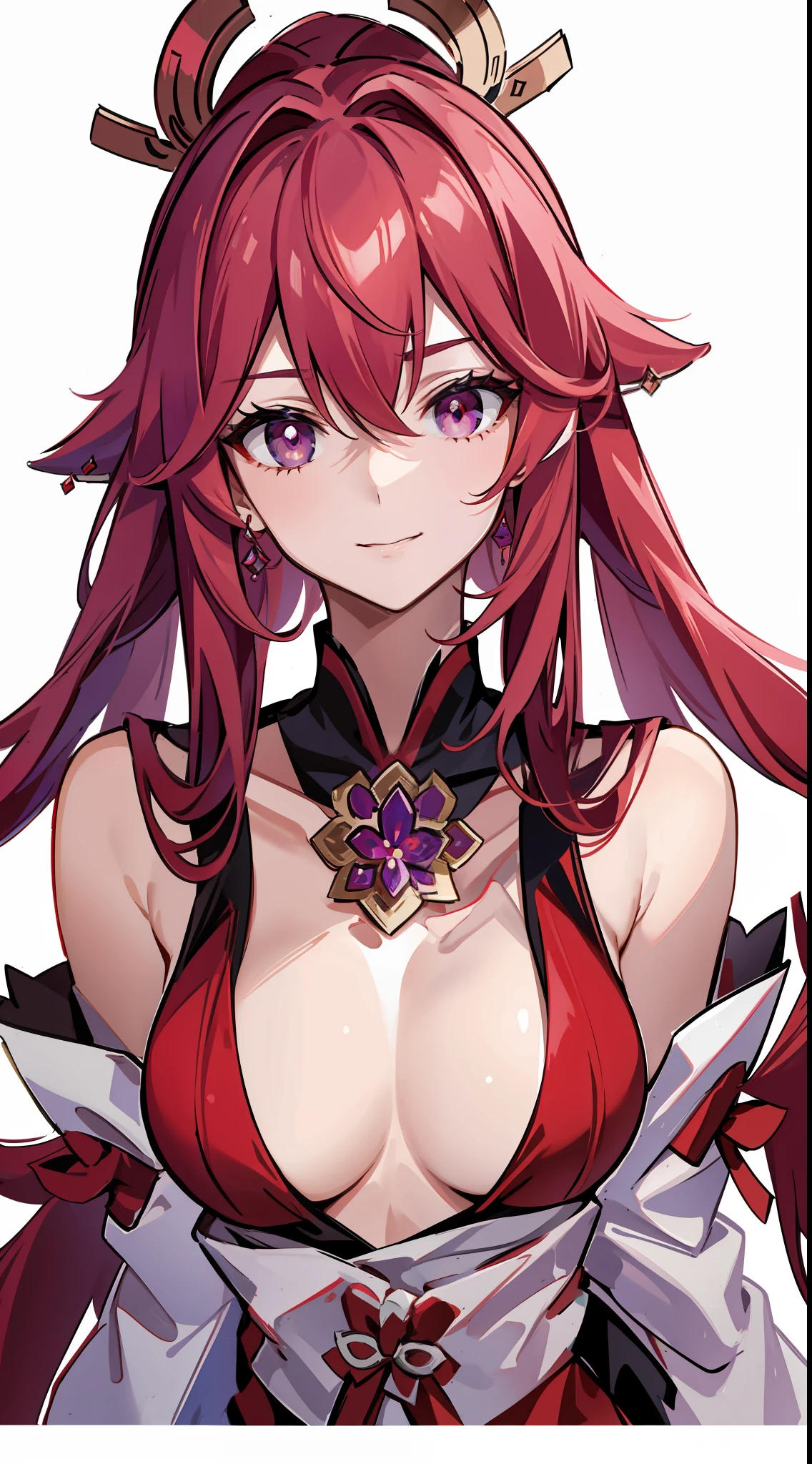 tmasterpiece，Need，1girll，Portrait close-up，独奏，Be red in the face，cropped shoulders，(cleavage 1.4)，Raised sexy，Shot from top to bottom，Large breasts，Yae Miko，Pink Long Hair，red headgear，Hair above one eye，Purple eye，耳Nipple Ring，perfect bodies，with black background