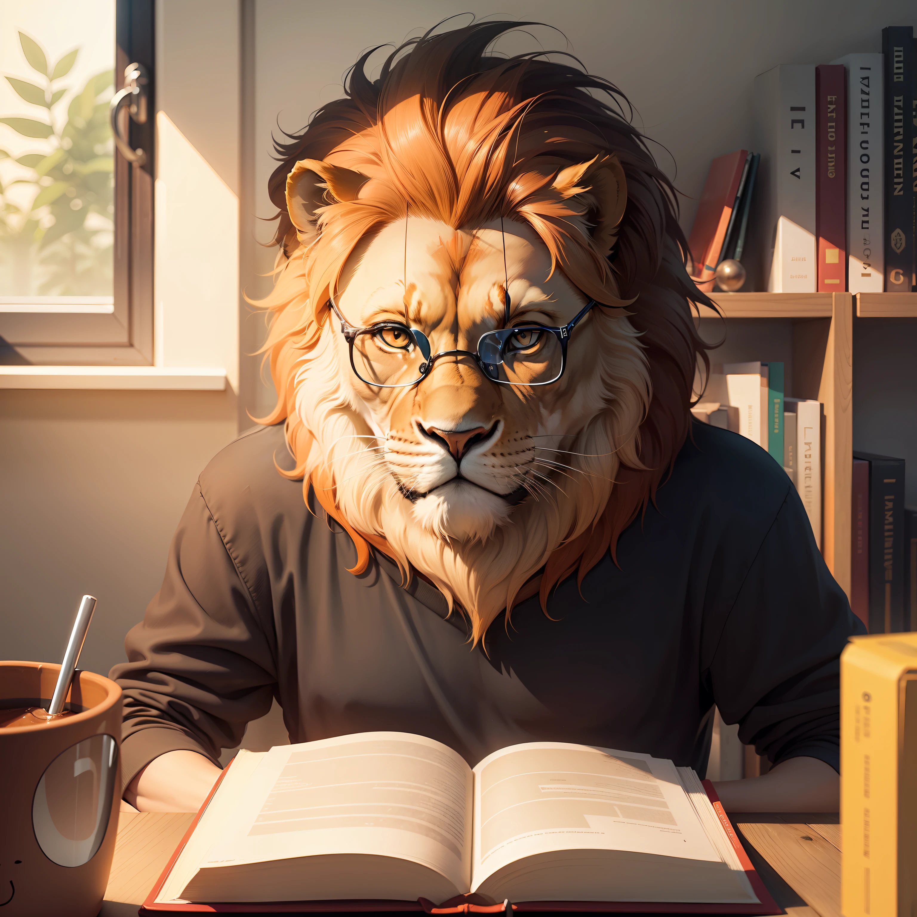 minimalist orange lion logo with glasses and a book in front of his face, como se ele estivesse lendo um livro