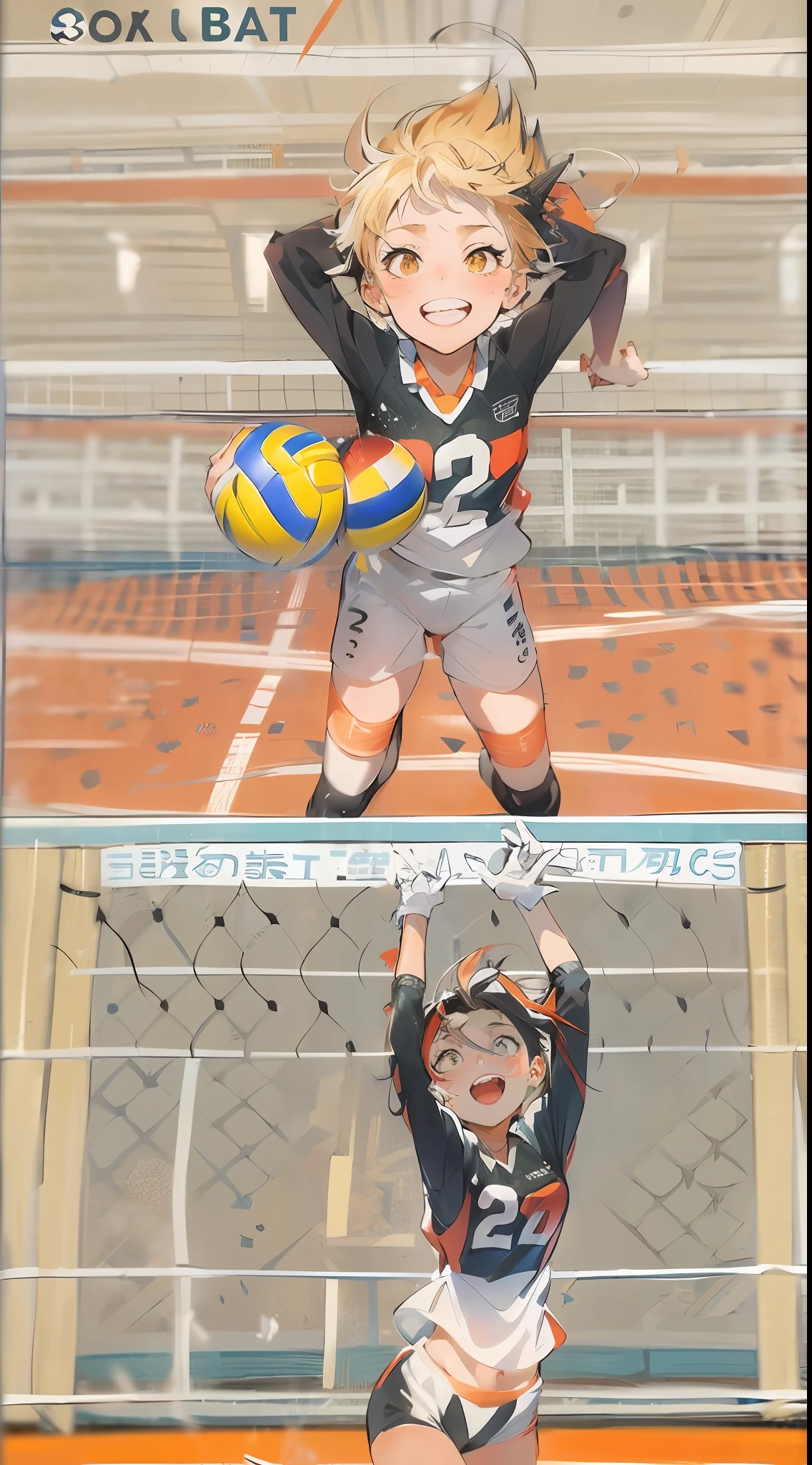 Nishinoya Yu ，独奏，1boys，tmasterpiece，best qualityer，（（1人））。（（Older），Haihisa！！nishinoya_Yuu high resolution，Ball black_hair （blonde_hair） brown_eyes clothes_writing，Feather footprints karasuno_volleyball_uniform male_focus multicolored_hair orange_shirt parted_lips playing_Sports shirt short_Hair solo （streaked_hair） Sweat two tones_hair upper_Body volleyball （volleyball_uniform） （volleyball field）