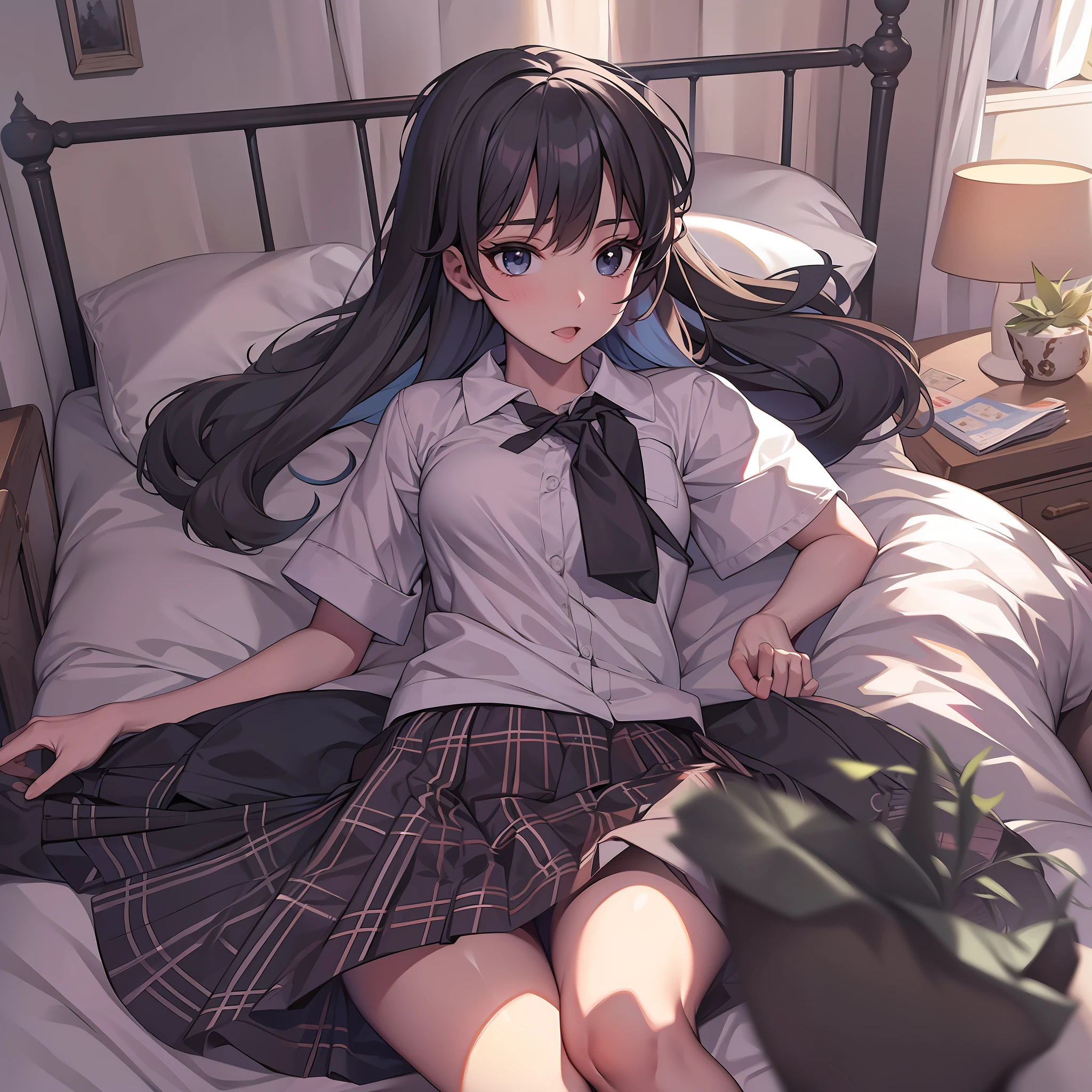 8K，style of anime，black long socks，pleatedskirt，A black-eyed，girl lying in bed