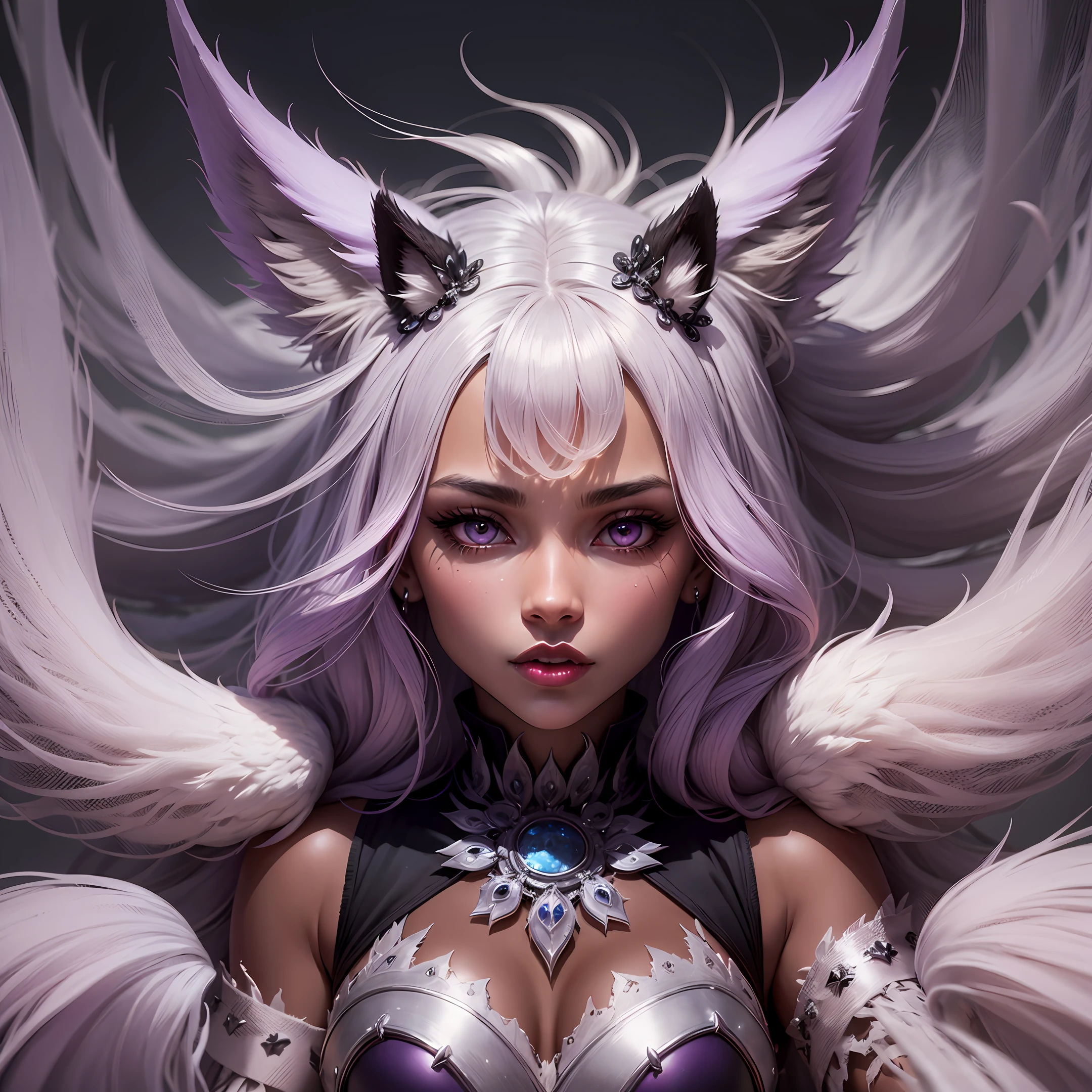 female body wolf, purple fur, long silver claws, arms outstretched, howl humain face, black skin, pink eyes, pink lips, prominent silver canine --auto --s2