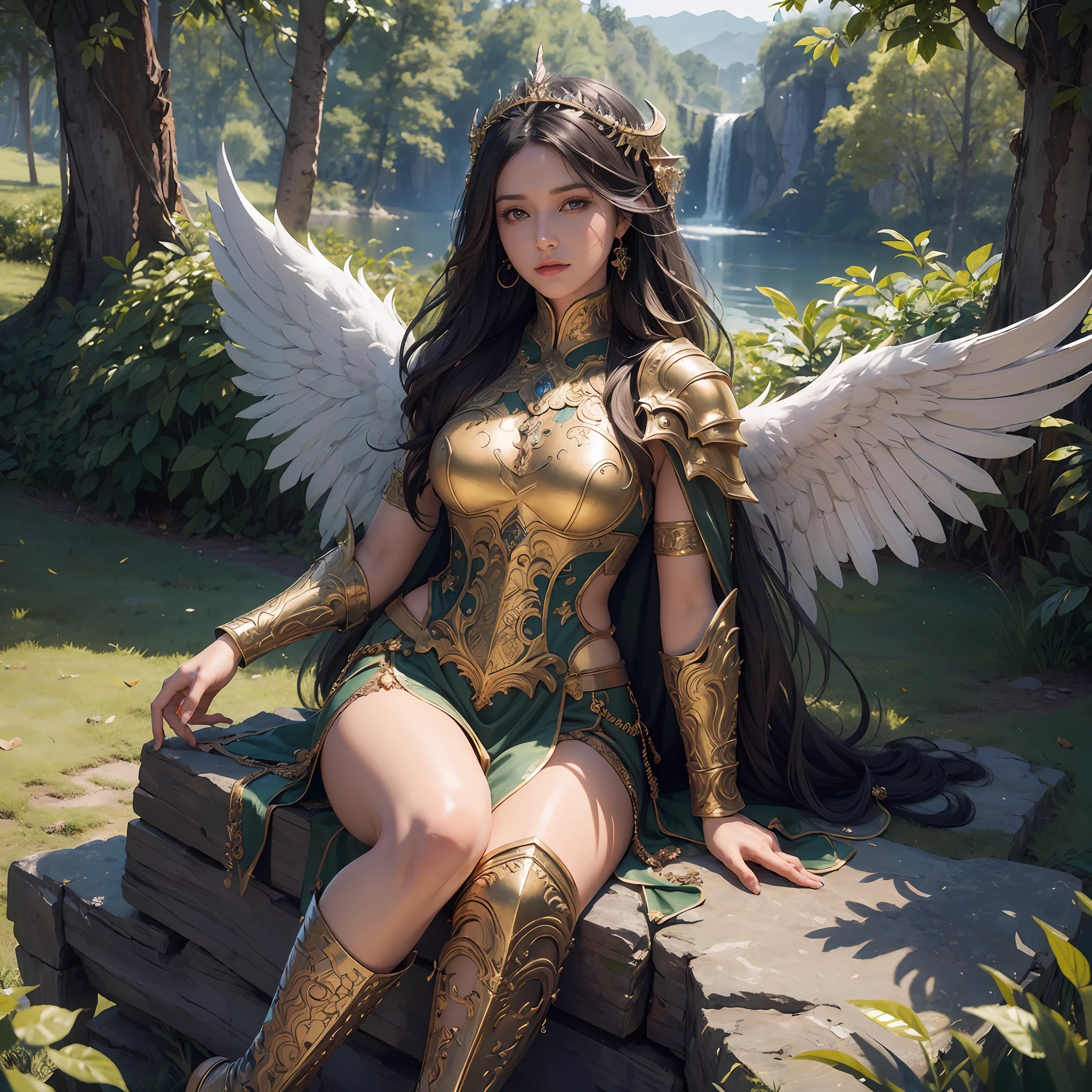 high details, best quality, 8k, [ultra detailed], masterpiece, best quality, (extremely detailed), dynamic angle, ultra wide shot, fantasy art, beautiful aasimar paladin and her dragon, female human with angelic wings white wings, spread wings(1.4 intricate details, Masterpiece, best quality) epic paladin, divine warrior, RPG paladin, (1.4 intricate details, Masterpiece, best quality) and epic gold dragon (1.6 intricate details, Masterpiece, best quality), full body, [[anatomically correct]], gold dragon (1.6 intricate details, Masterpiece, best quality) fantasy castle background (1.5 intricate details, Masterpiece, best quality), a female wearing heavy armor, armed with a sword, holy symbol (1.4 intricate details, Masterpiece, best quality), high heeled boots, thick hair, long hair, dark hair,  fair skin intense eyes, forest  trees (1.4 intricate details, Masterpiece, best quality), divine light, god light (1.4 intricate details, Masterpiece, best quality), high details, best quality, highres, ultra wide angle