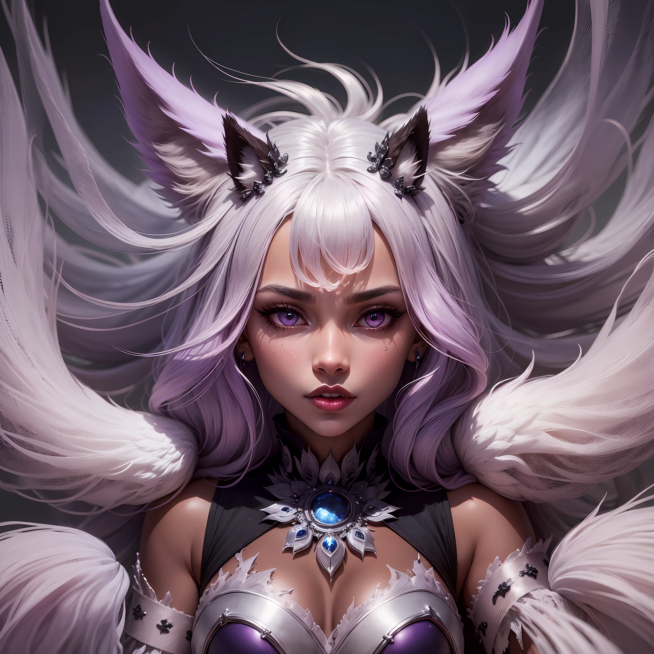 female body wolf, purple fur, long silver claws, arms outstretched, howl humain face, black skin, pink eyes, pink lips, prominent silver canine --auto --s2