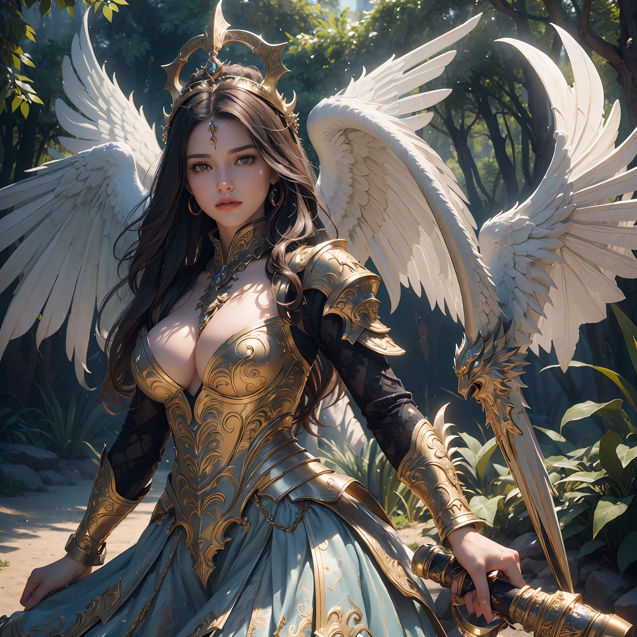 high details, best quality, 8k, [ultra detailed], masterpiece, best quality, (extremely detailed), dynamic angle, ultra wide shot, fantasy art, beautiful aasimar paladin and her dragon, female human with angelic wings white wings, spread wings(1.4 intricate details, Masterpiece, best quality) epic paladin, divine warrior, RPG paladin, (1.4 intricate details, Masterpiece, best quality) and epic gold dragon (1.6 intricate details, Masterpiece, best quality), full body, [[anatomically correct]], gold dragon (1.6 intricate details, Masterpiece, best quality) fantasy castle background (1.5 intricate details, Masterpiece, best quality), a female wearing heavy armor, armed with a sword, holy symbol (1.4 intricate details, Masterpiece, best quality), high heeled boots, thick hair, long hair, dark hair,  fair skin intense eyes, forest  trees (1.4 intricate details, Masterpiece, best quality), divine light, god light (1.4 intricate details, Masterpiece, best quality), high details, best quality, highres, ultra wide angle