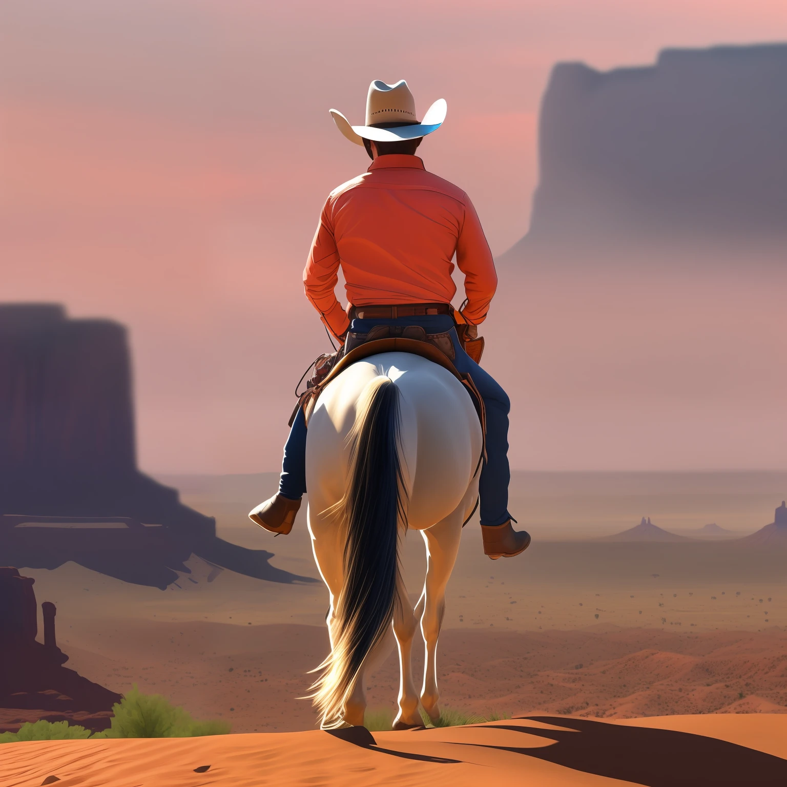 back shot of a cowboy, yellow shirt, black vest, blue jeans, on a white horse goes towards the sunset in monument valley, black hair, high detail, Hyperrealism, cinematic lighting, from below, cowboy shot, 8k, super detail, UHD, anatomically correct, super detail, high details, high quality, award winning, best quality, highres, 1080P, HD, 4K, 8k, 16k