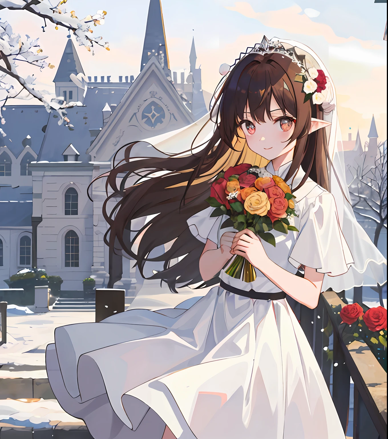 Masterpiece quality，The best quality assurance。A brown hair、Cute girl with golden eyes。Tsundere，Wear a short skirt，Exudes magic，With a rose headdress，Long hair flutters in the wind，Naughty，adolable，devil horns，In the daytime，divino，white church，Holy Church，Holding a bouquet of flowers，Wearing a snow-white wedding dress，Veil，freshen，bride，having fun