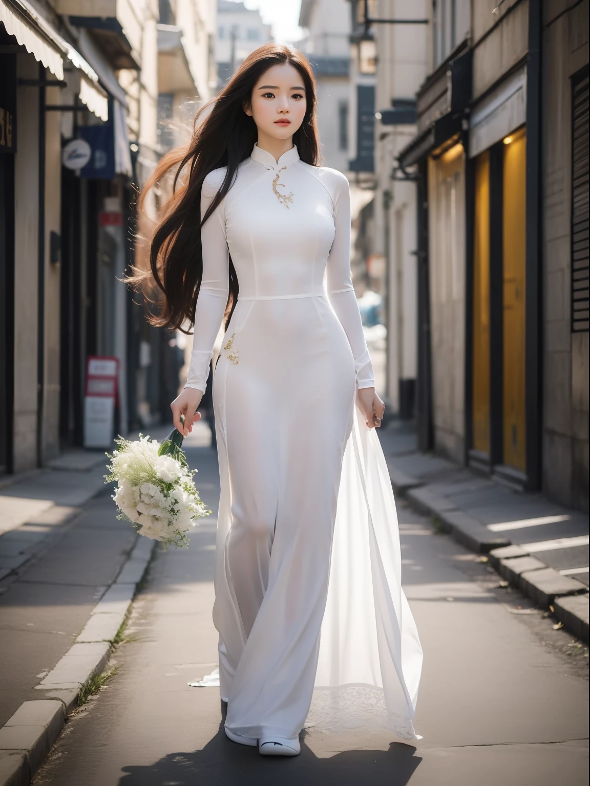 Best quality,masterpiece,ultra high res,(photorealistic:1.4),1 girl, solo,young and beautiful girl , 20 years old , long hair , wearing white Ao Dai , full body portrait , artistic style , bright light , posing on the streets of Paris , Taken with a Canon EOS 5D Mark IV, with the exposure adjusted to soften the light