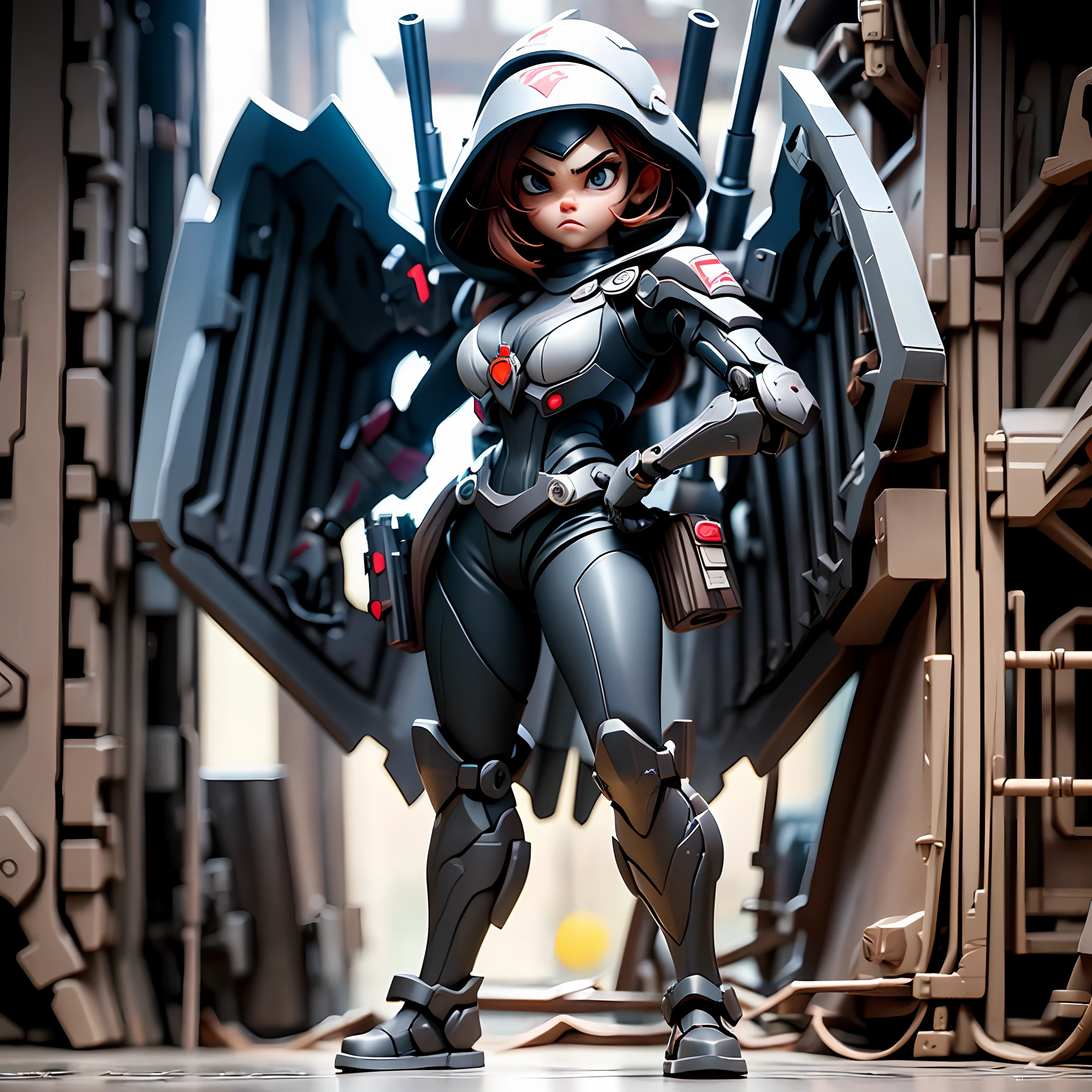 Standing alone、((Female combatant with mechanical body))、Iron Mask、((cyberpunked))、Cool Beauty、Face strong enemies、Engineers、(Veteran Hero)、Counter Attack、full body Esbian、Ready for Battle、Have a large number of firearms