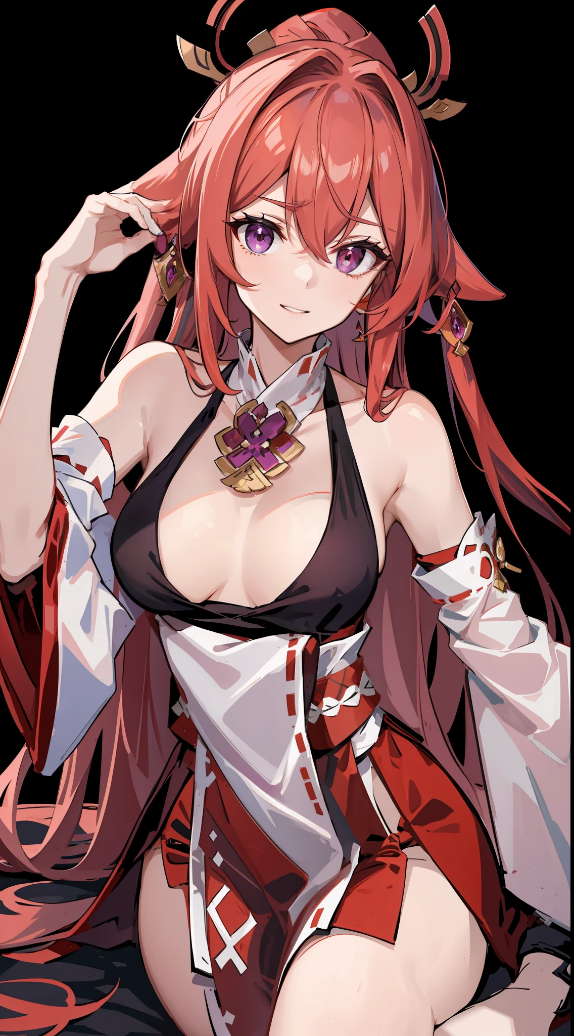 tmasterpiece,Need,1girll,Portrait close-up,独奏,Be red in the face,cropped shoulders,(cleavage 1.4),Raised sexy,Shot from top to bottom,Large breasts,Yae Miko,Pink Long Hair,red headgear,Hair above one eye,Purple eye,耳Nipple Ring,perfect bodies,with black background,get down on the bed,