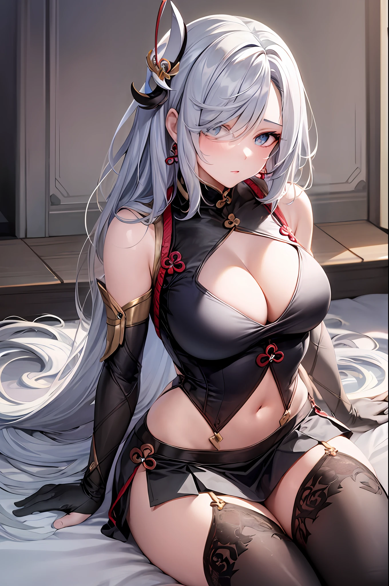 1shenhe, silver hair, large breasts, underwear, in, cleavage, navel, t-shirts, (brachial), skirt, lie, Body, sexy, sitting