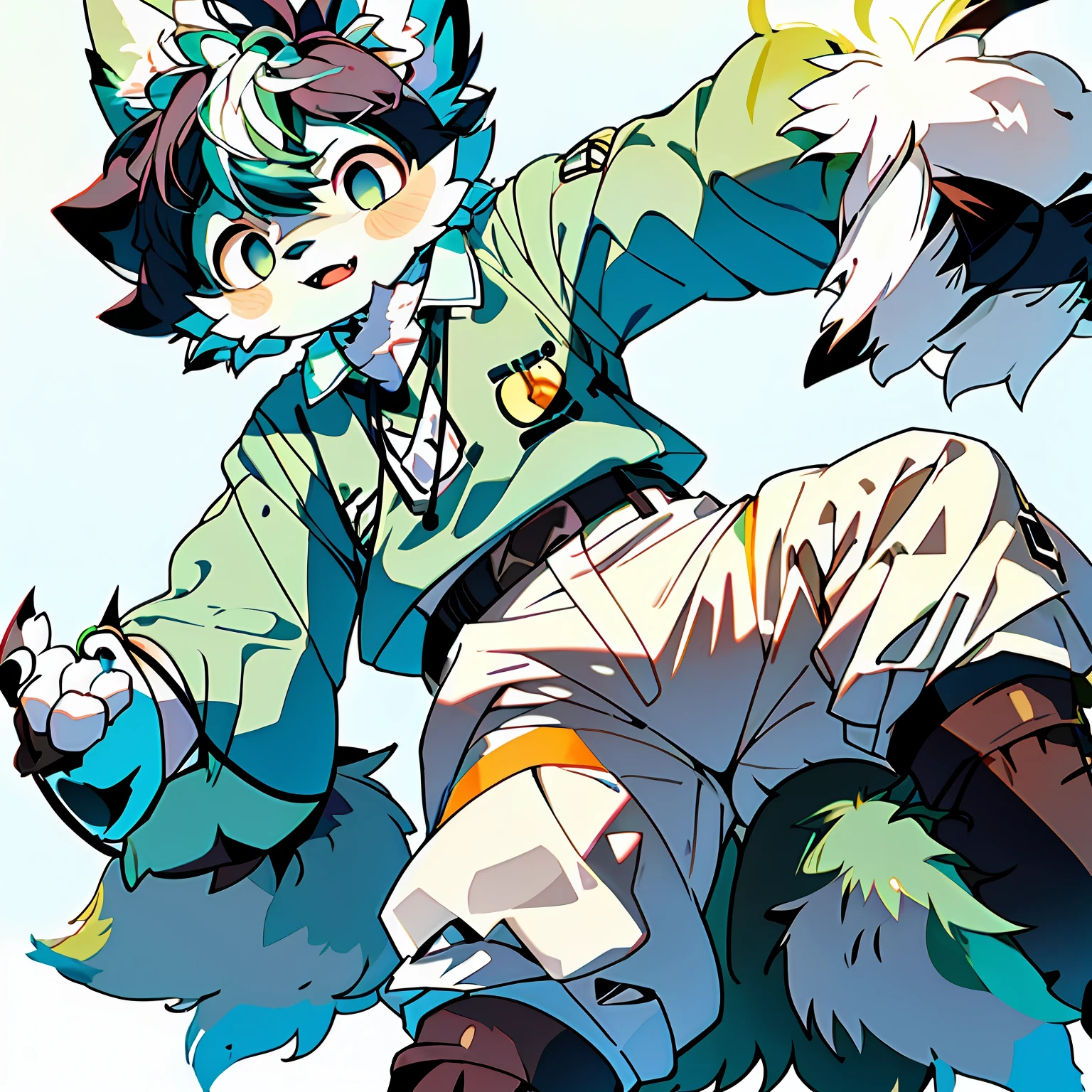 hairy pubic(infancy)Boy wolf light green fur blue shirt white shorts(Brown pupils)(solo person)standing on your feet(immensity)Overlooking
