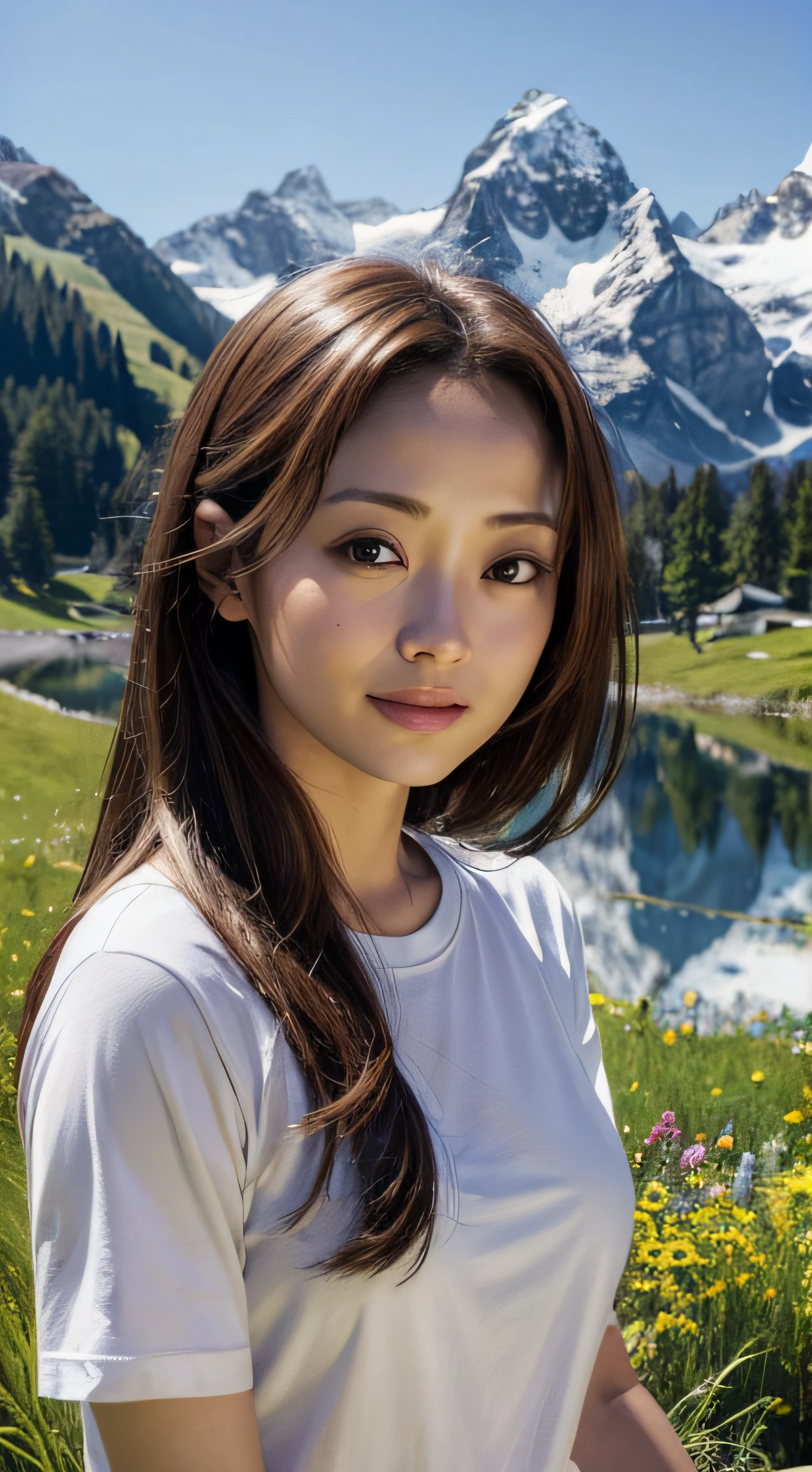 doress、(Photorealsitic:1.4)、(hyper realisitic:1.4)、(realisitic:1.3)、(Smooth lighting:1.05)、(Improved lighting quality in movies:0.9)、32K、1girl in、20 years girl、Realistic lighting、Back lighting、Facial light、raytrace、(brightened light:1.2)、(enhanced quality:1.4)、(Top quality real texture skins:1.4)、finely eye、finerly detailed face、Fine quality eye、(Tired, sleepy and satisfied:0.0)、 close up of face、tshirts、(enhance body line mood:1.1)、(Increase the beauty of skin texture:1.1)、((Aya Ueto))、Switzerland、lake、the Alps、flower field、A smile