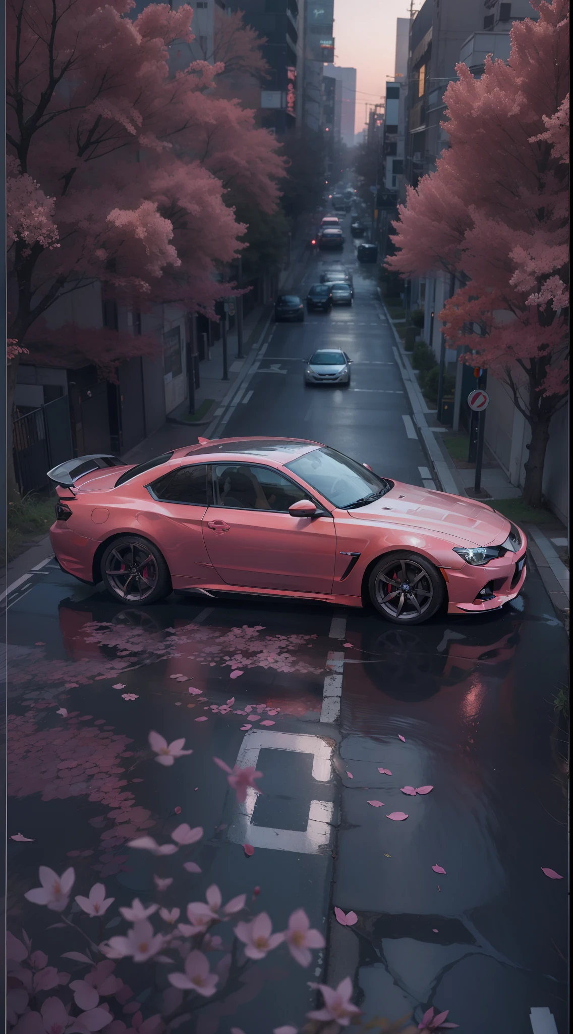 cinnannoe, hyper realistic, view angle from the sky, ultra detailed full body shot of woman in Night City, Ultra perfectly detailed pink car Nissan Silvia s14, around road sakura trees, Cyberpunk theme, white hoodie, T-shirt, black skirt, necklace, high-future vibes, head to toe image, depth of field, hyper detailed gorgeous face, natural body posture, trending on Artstation, 64k, ultra detailed, ultra accurate detailed, surrealism, ultra unreal engine, epic, freckles, stomach, legs, feets