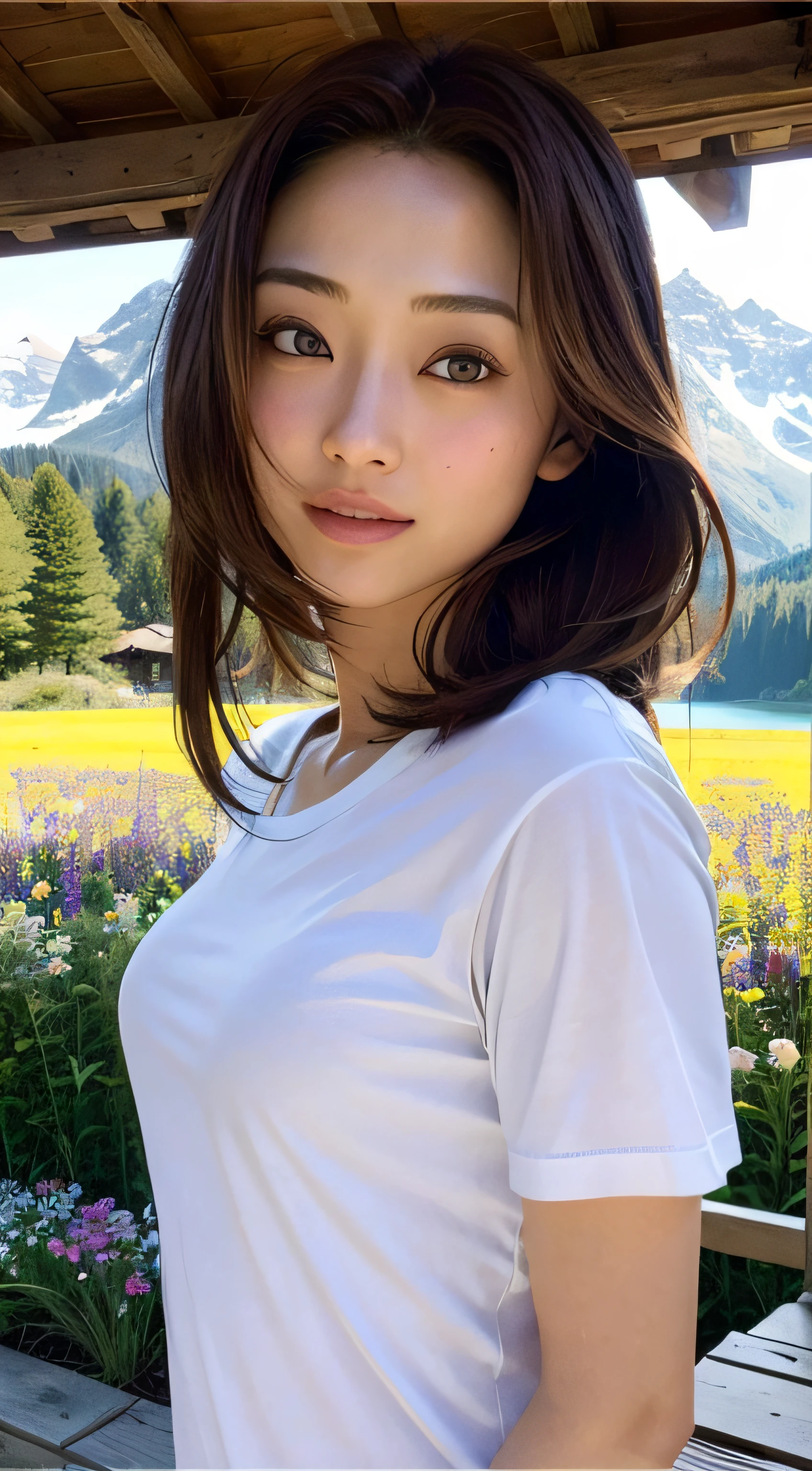 doress、(Photorealsitic:1.4)、(hyper realisitic:1.4)、(realisitic:1.3)、(Smooth lighting:1.05)、(Improved lighting quality in movies:0.9)、32K、1girl in、20 years girl、Realistic lighting、Back lighting、Facial light、raytrace、(brightened light:1.2)、(enhanced quality:1.4)、(Top quality real texture skins:1.4)、finely eye、finerly detailed face、Fine quality eye、(Tired, sleepy and satisfied:0.0)、 close up of face、tshirts、(enhance body line mood:1.1)、(Increase the beauty of skin texture:1.1)、((Aya Ueto))、Switzerland、lake、the Alps、flower  field、A smile