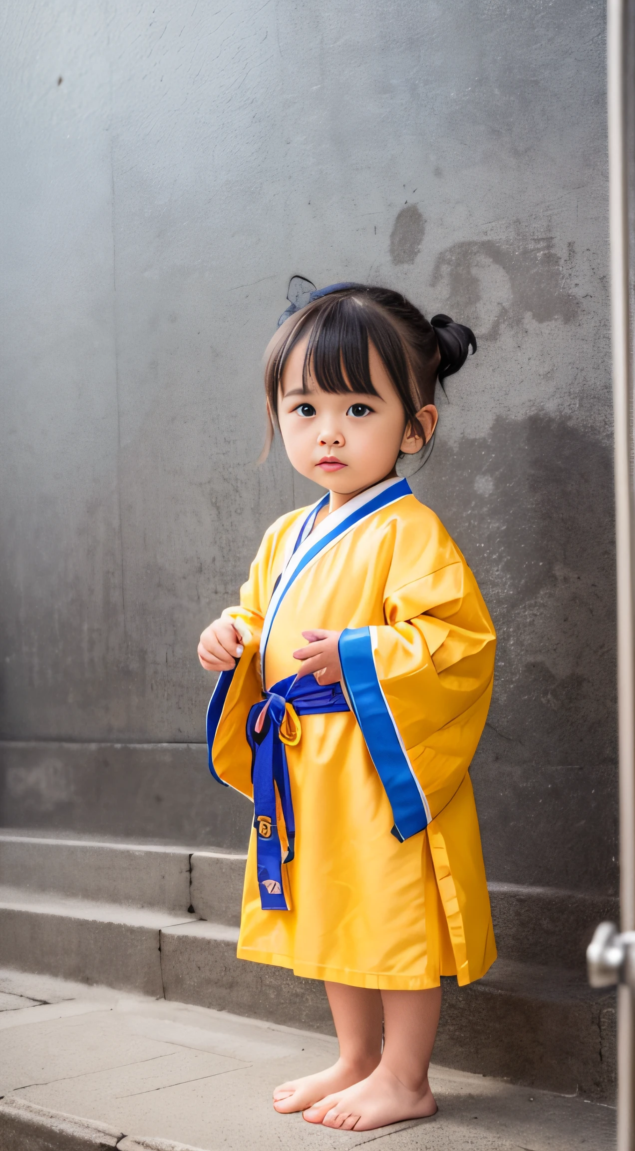 There was a boy standing on the steps holding a French seal in his hands, Cute boy, Taoist robes, 2 years rait shooting, kiddy big breasts, Dragon Tiger Mountain Taoist, Children, Boy, Medium portrait, Close portrait, daoshu, Cai Xukun, Highlight, Gamine, Photo taken with Nikon D 7 5 0, Photo taken with Nikon D750, Beginner,Junior Celestial Master,Little Taoist,Meditate,Taoist bun,babyfat,younge adolable,Gate,Static close-up,Traditional religion,Strong sense of reality,,对称,k hd,frontal photos,fully body photo