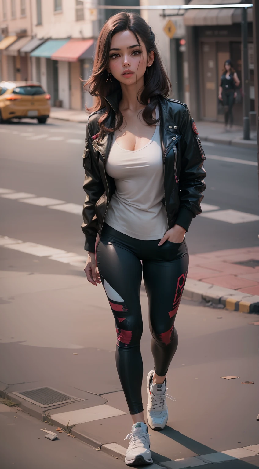 A girl walking on a cyberpunk street looking into the camera, volumetric lighting BREAK (obra-prima: 1.2), (melhor qualidade), 4k, ultradetalhado , (dynamic compositing: 1.4), detalhes coloridos altamente detalhados (cores iridescentes: 1.2), (bright illumination, Atmospheric Illumination) (melhor qualidade), (realista,fotorrealista:1,37), (obra prima), female, solo, linda garota, middlebreasts, top vermelho, black legging pants, Cabelo branco, pele escura, Olhos vermelhos, hands in a pocket, jaqueta de couro