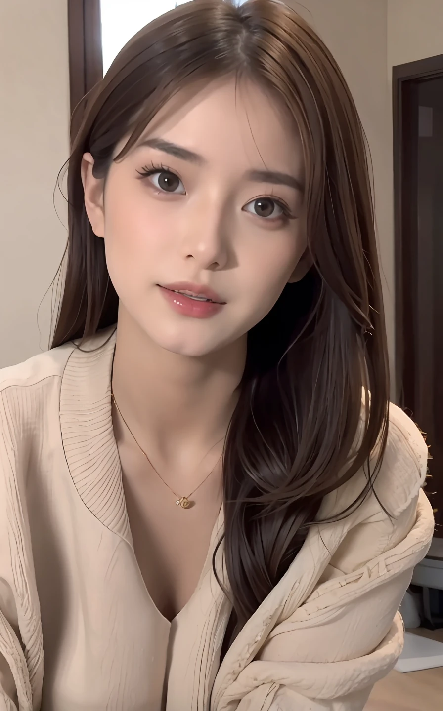 top-quality、超A high resolution、(Photorealsitic:1.4)、(Details Beautiful Girl:1.4)、(mideum breasts:0.8)、looking_at_viewer,full bodyesbian,squatting,detailed face details、beatiful detailed eyes、brown haired、black eyes、haunting smile、(makeups:0.3)、red-lips、Very detailed clothes、(ulzzang-6500-v1.1:0.3)